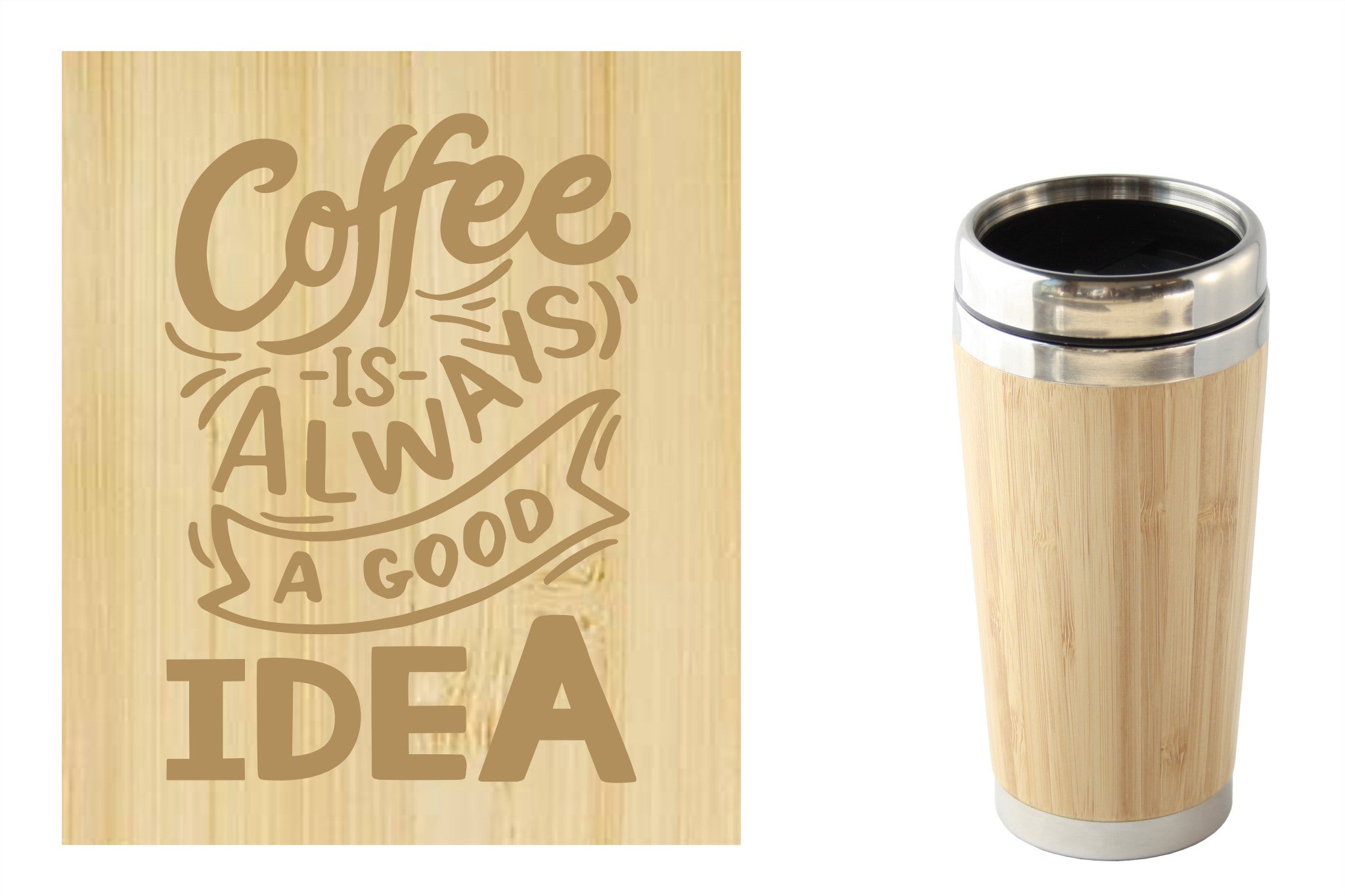 Bamboe reismok met 'Coffee is always a good idea' tekst, perfect voor onderweg. Duurzaam en milieuvriendelijk.