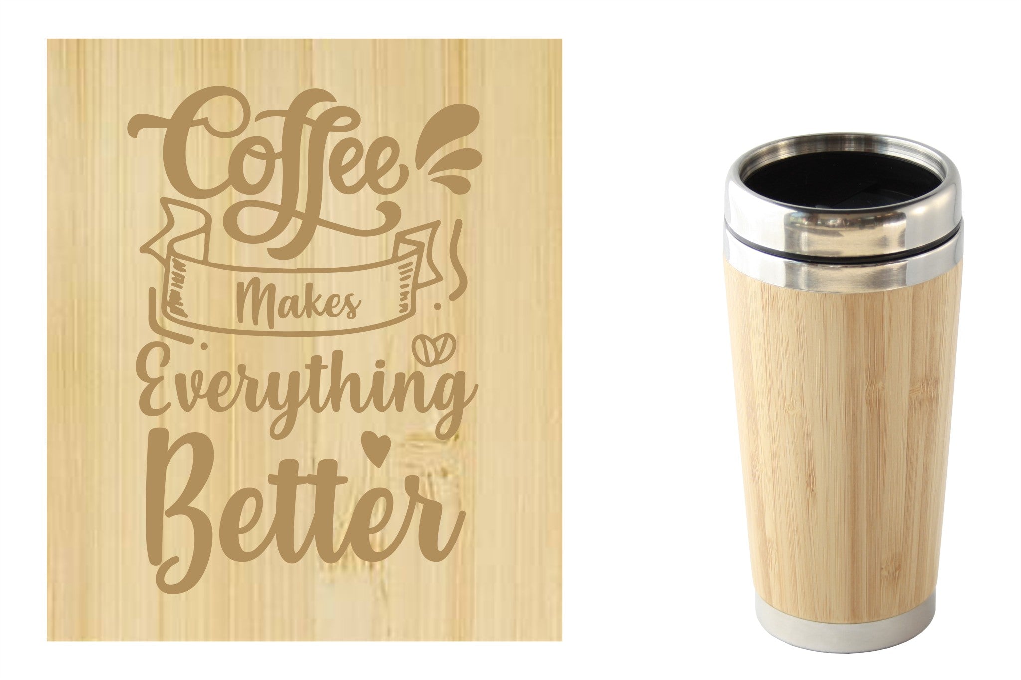 Bamboe reismok met 'Coffee makes everything better' tekst, perfect voor onderweg. Duurzaam en milieuvriendelijk.