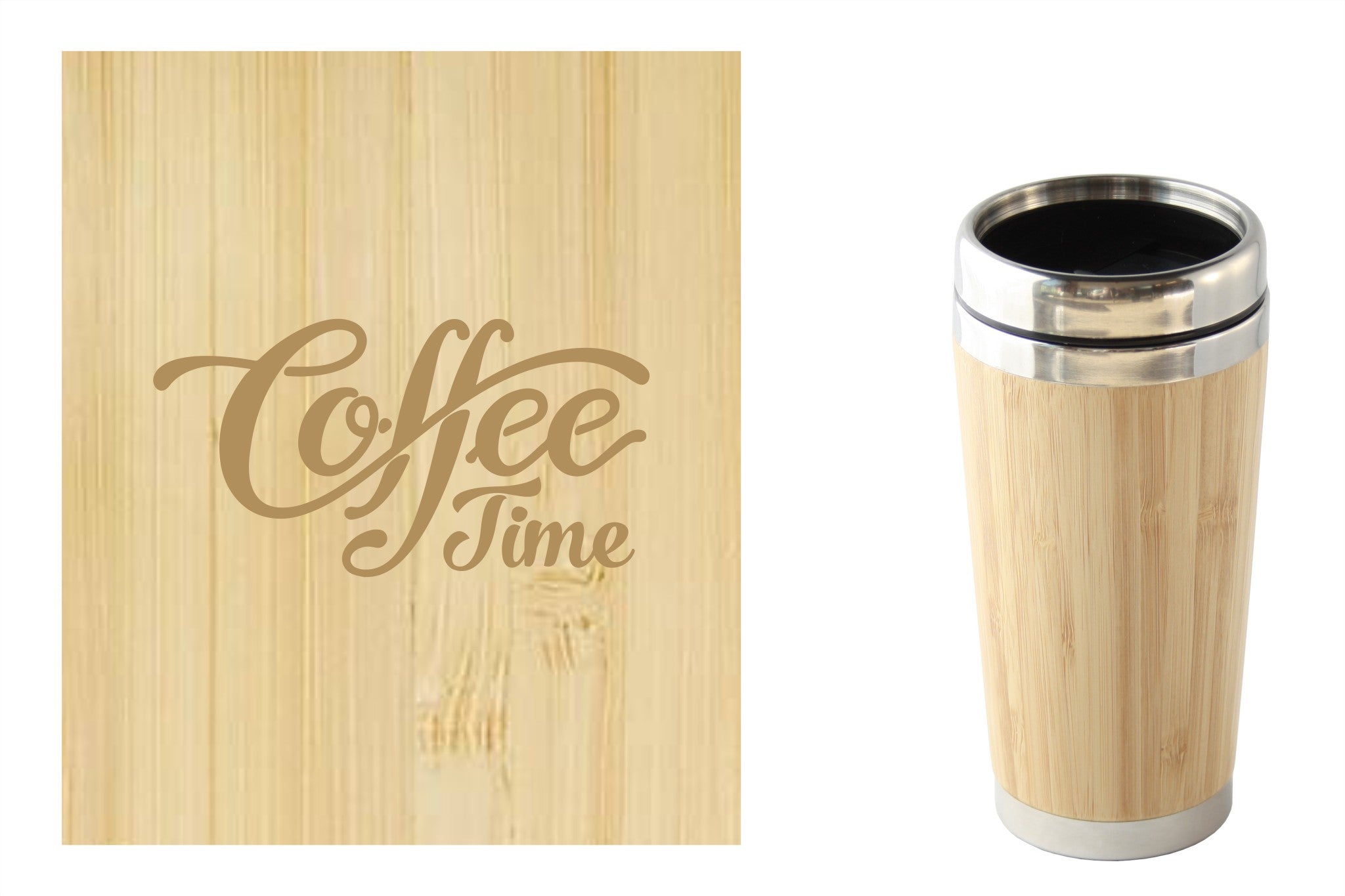 Bamboe reismok met 'Coffee time' tekst, perfect voor onderweg. Duurzaam en milieuvriendelijk.