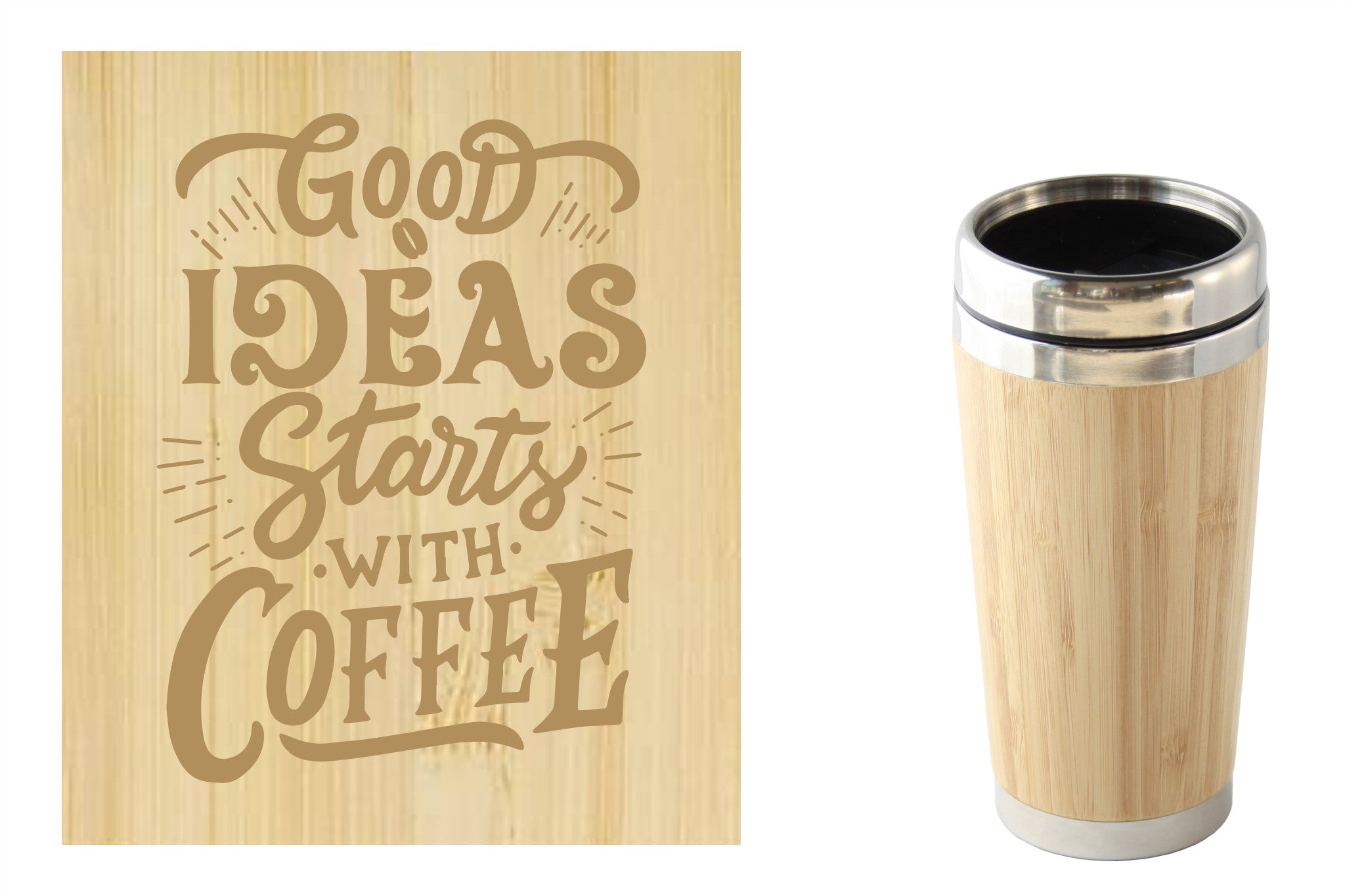 Bamboe reismok met 'Good ideas starts with coffee' tekst, perfect voor onderweg. Duurzaam en milieuvriendelijk.