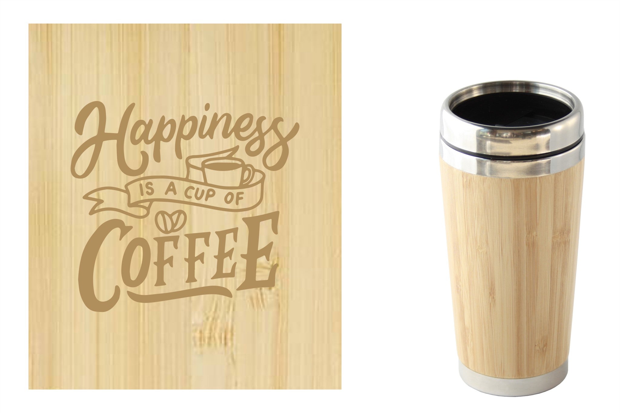 Bamboe reismok met 'Happiness is a cup of coffee' tekst, perfect voor onderweg. Duurzaam en milieuvriendelijk.