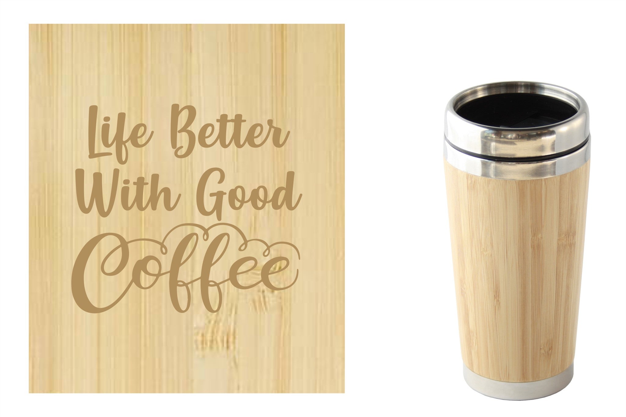 Bamboe reismok met 'Life is better with good coffee' tekst, perfect voor onderweg. Duurzaam en milieuvriendelijk.