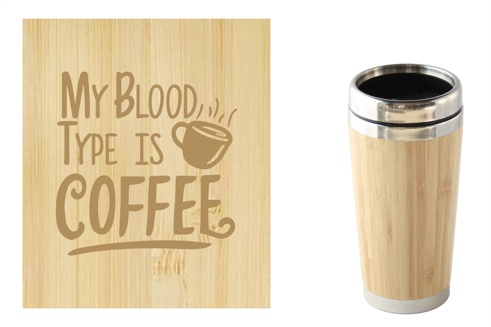 Bamboe reismok met 'My blood type is coffee' tekst, perfect voor onderweg. Duurzaam en milieuvriendelijk.