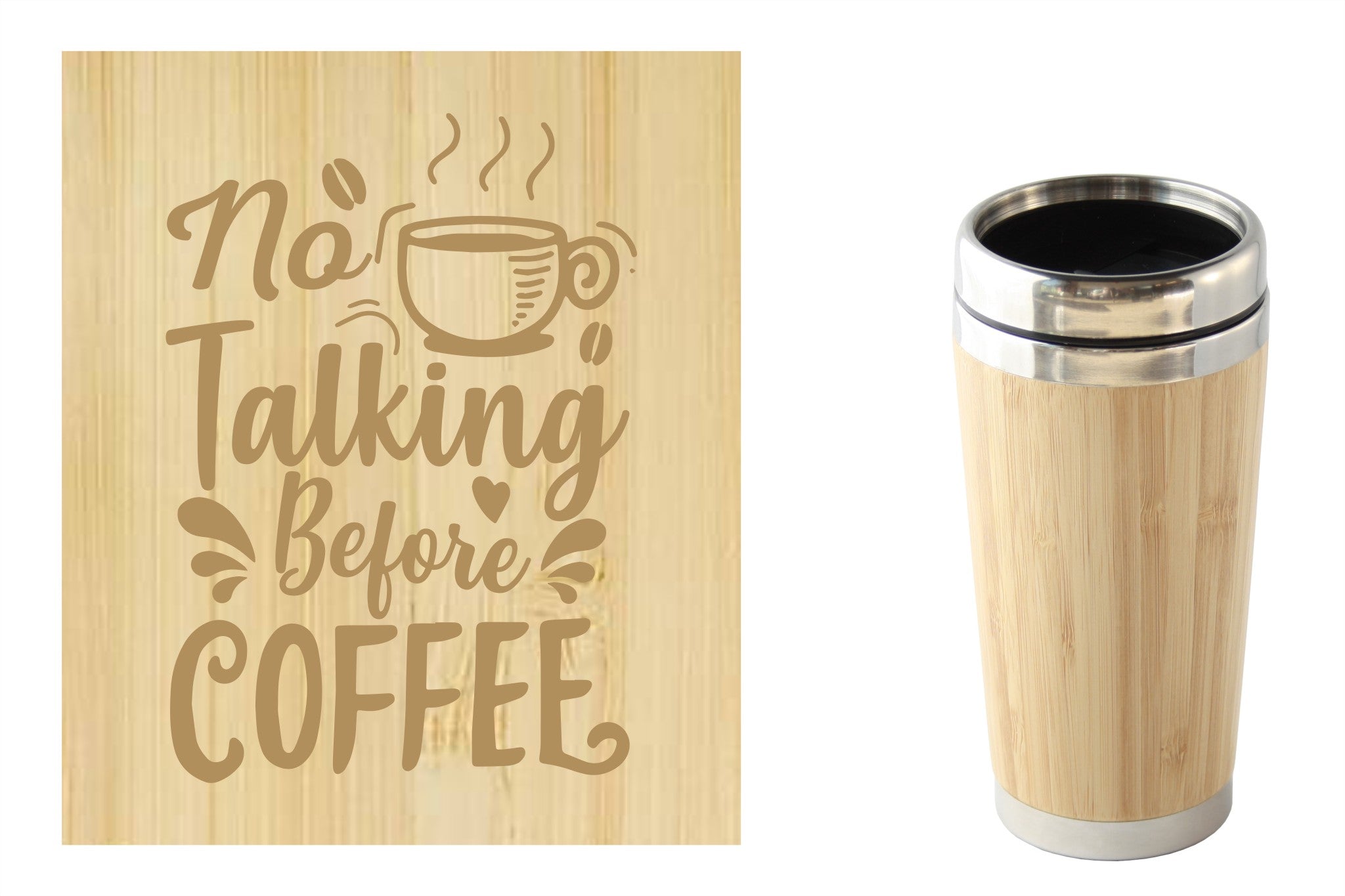 Bamboe reismok met 'No talking before coffee' tekst, perfect voor onderweg. Duurzaam en milieuvriendelijk.
