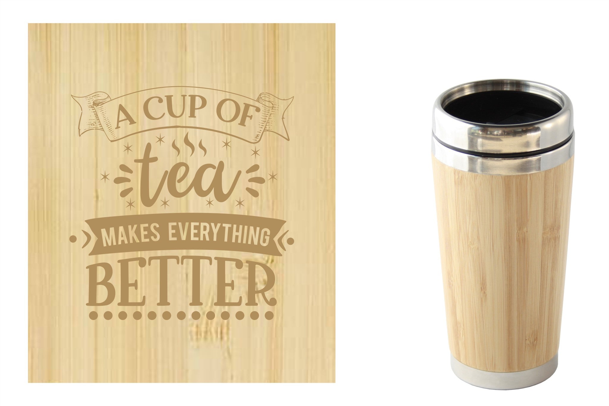Bamboe reismok met 'A cup of tea makes everything better' tekst, perfect voor onderweg. Duurzaam en milieuvriendelijk.