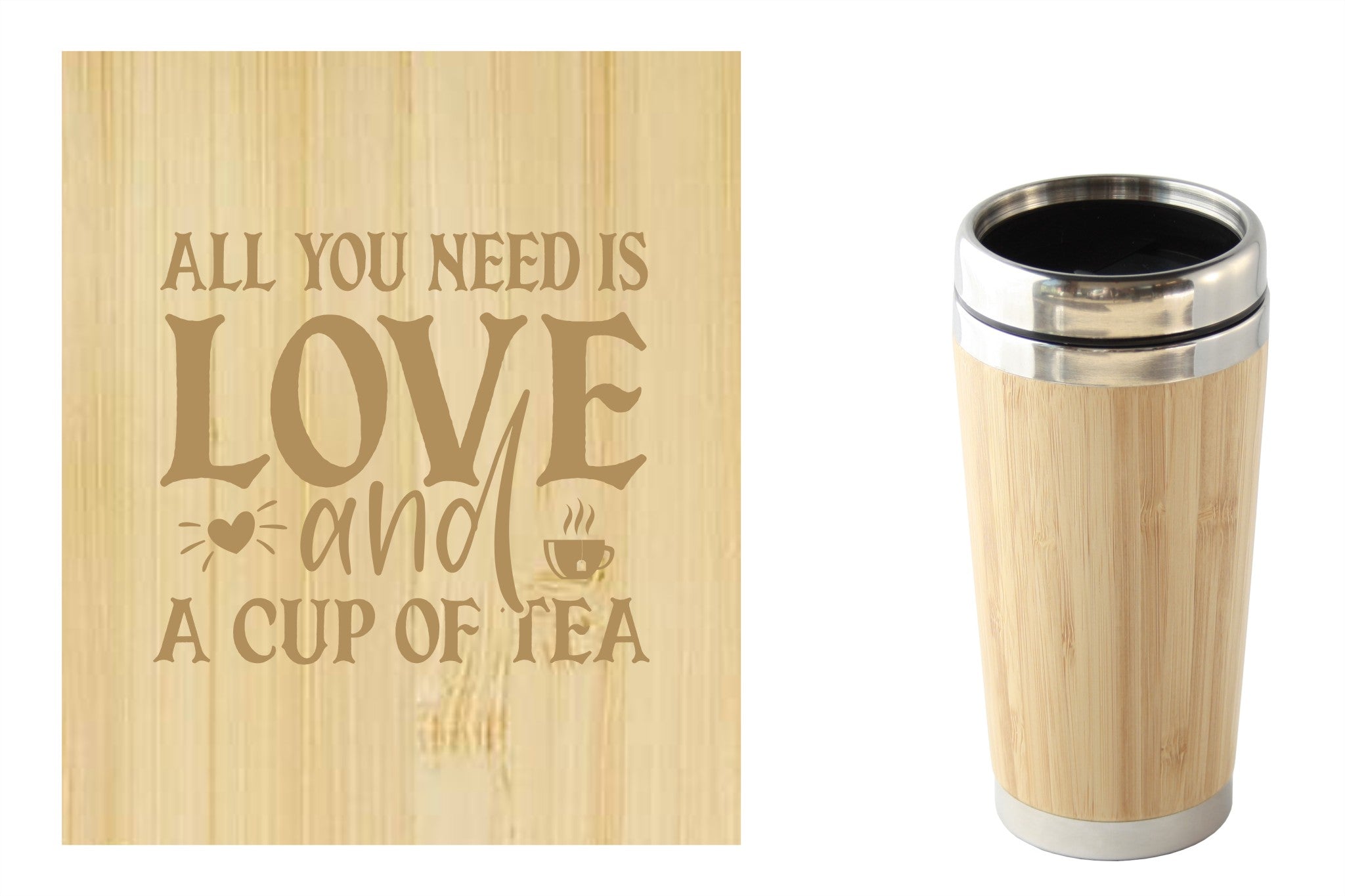 Bamboe reismok met 'All you need is love and a cup of tea' tekst, perfect voor onderweg. Duurzaam en milieuvriendelijk.