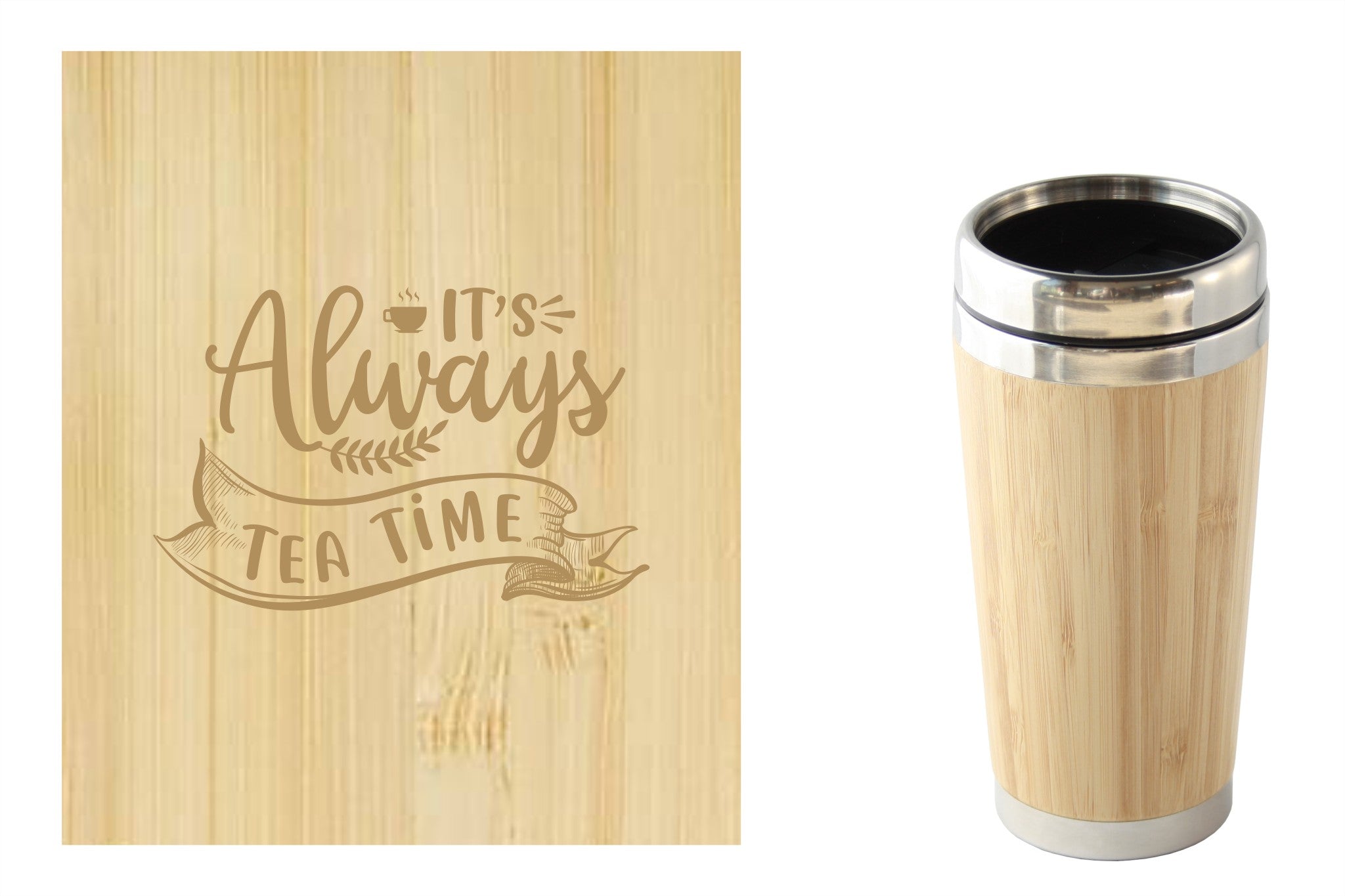 Bamboe reismok met 'It's always tea time' tekst, perfect voor onderweg. Duurzaam en milieuvriendelijk.