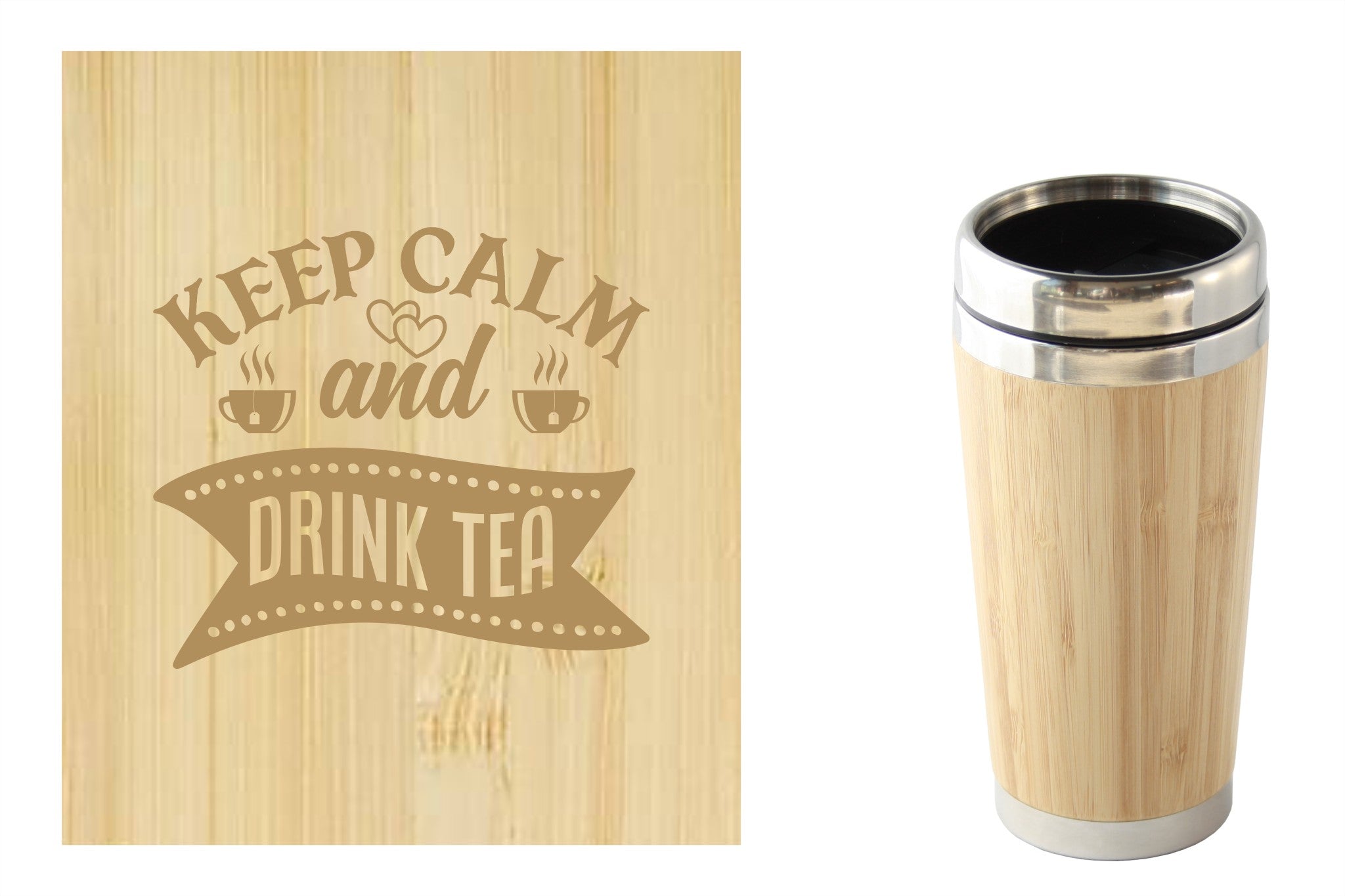 Bamboe reismok met 'Keep calm and drink tea' tekst, perfect voor onderweg. Duurzaam en milieuvriendelijk.