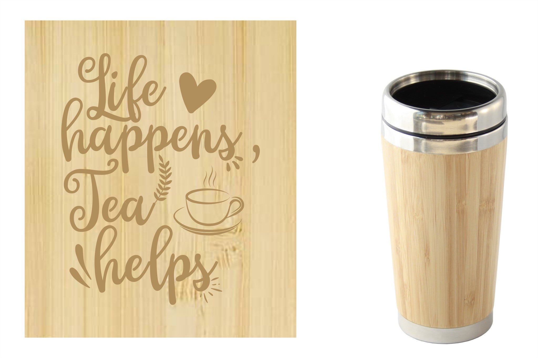Bamboe reismok met 'Life happens tea helps' tekst, perfect voor onderweg. Duurzaam en milieuvriendelijk.
