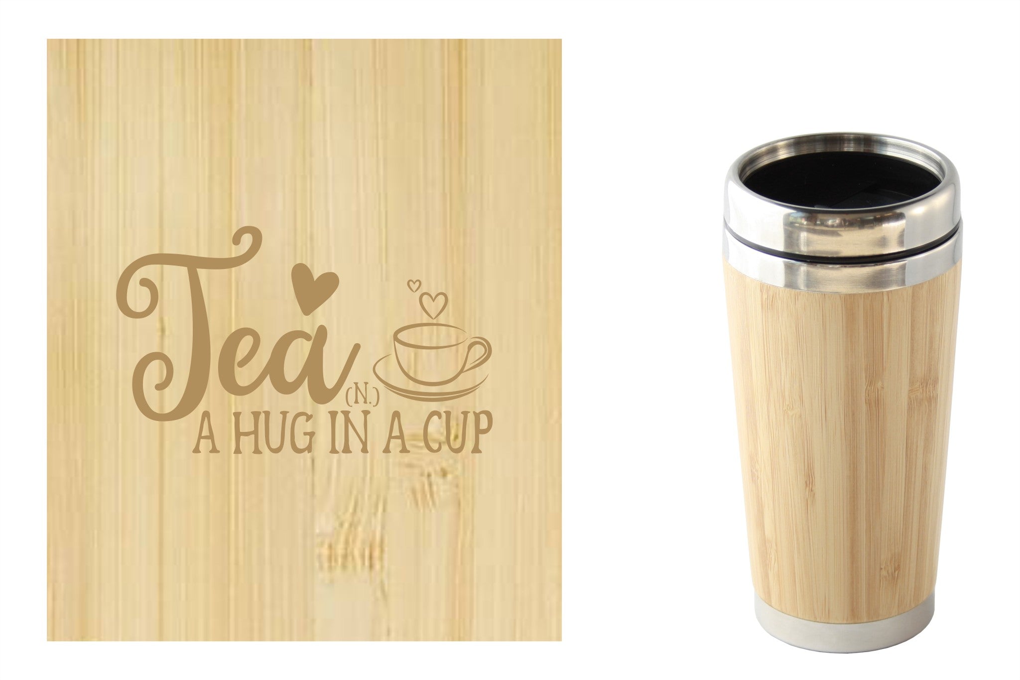 Bamboe reismok met 'Tea and a hug in a cup' tekst, perfect voor onderweg. Duurzaam en milieuvriendelijk.
