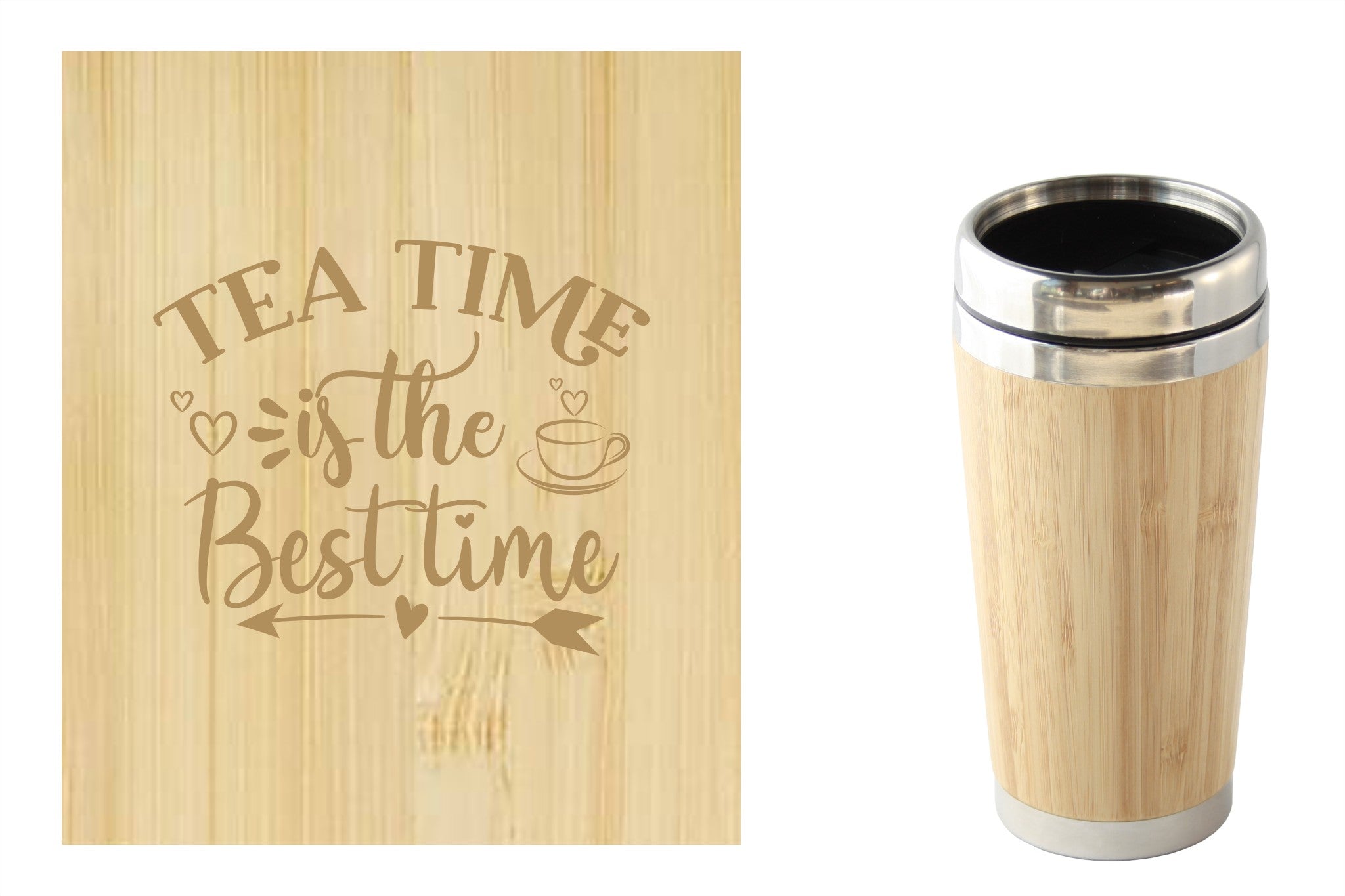 Bamboe reismok met 'Tea time is the best time' tekst, perfect voor onderweg. Duurzaam en milieuvriendelijk.