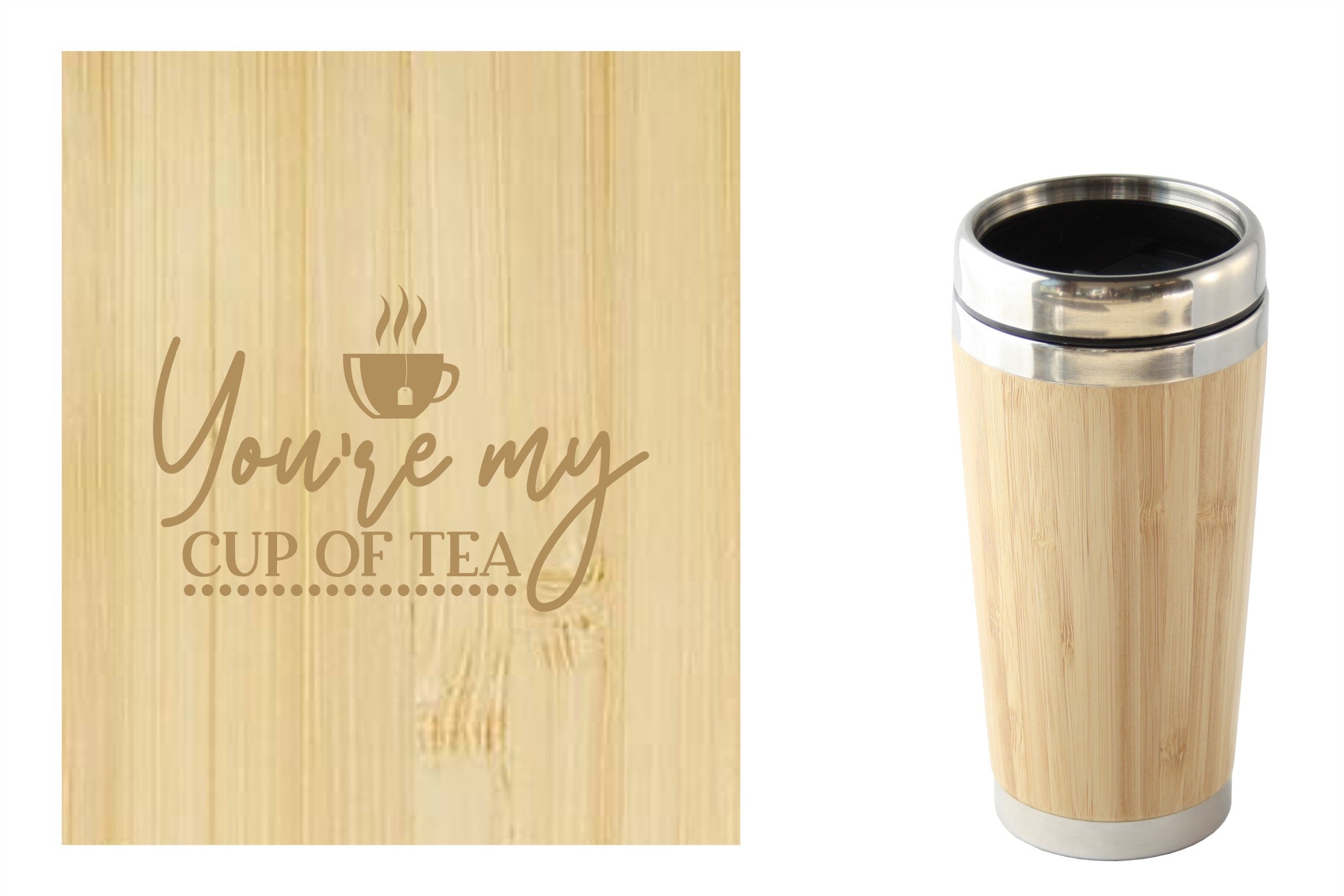 Bamboe reismok met 'You're my cup of tea' tekst, perfect voor onderweg. Duurzaam en milieuvriendelijk.