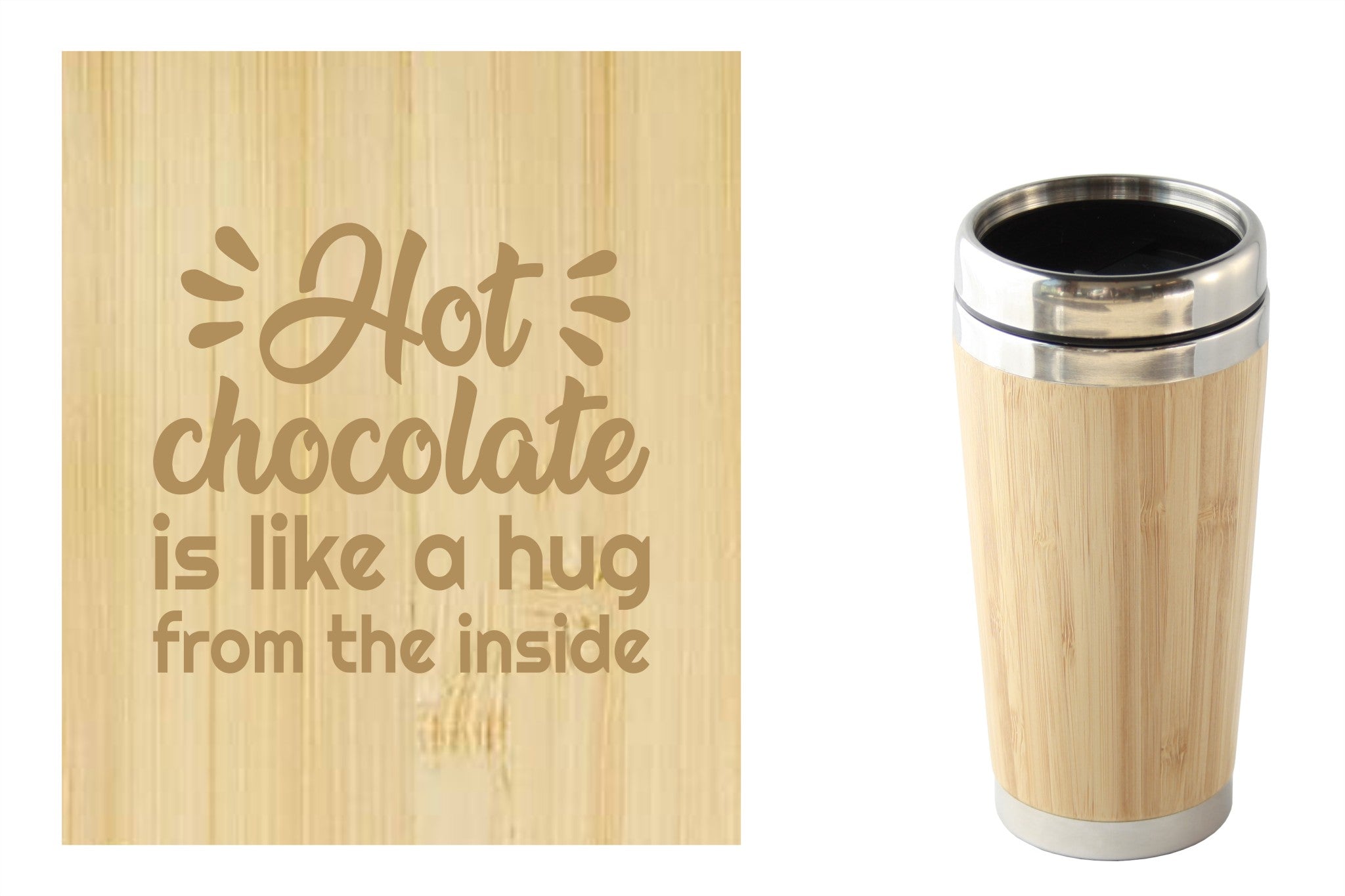 Bamboe reismok met 'Hot chocolate is like a hug from the inside' tekst, perfect voor onderweg. Duurzaam en milieuvriendelijk.