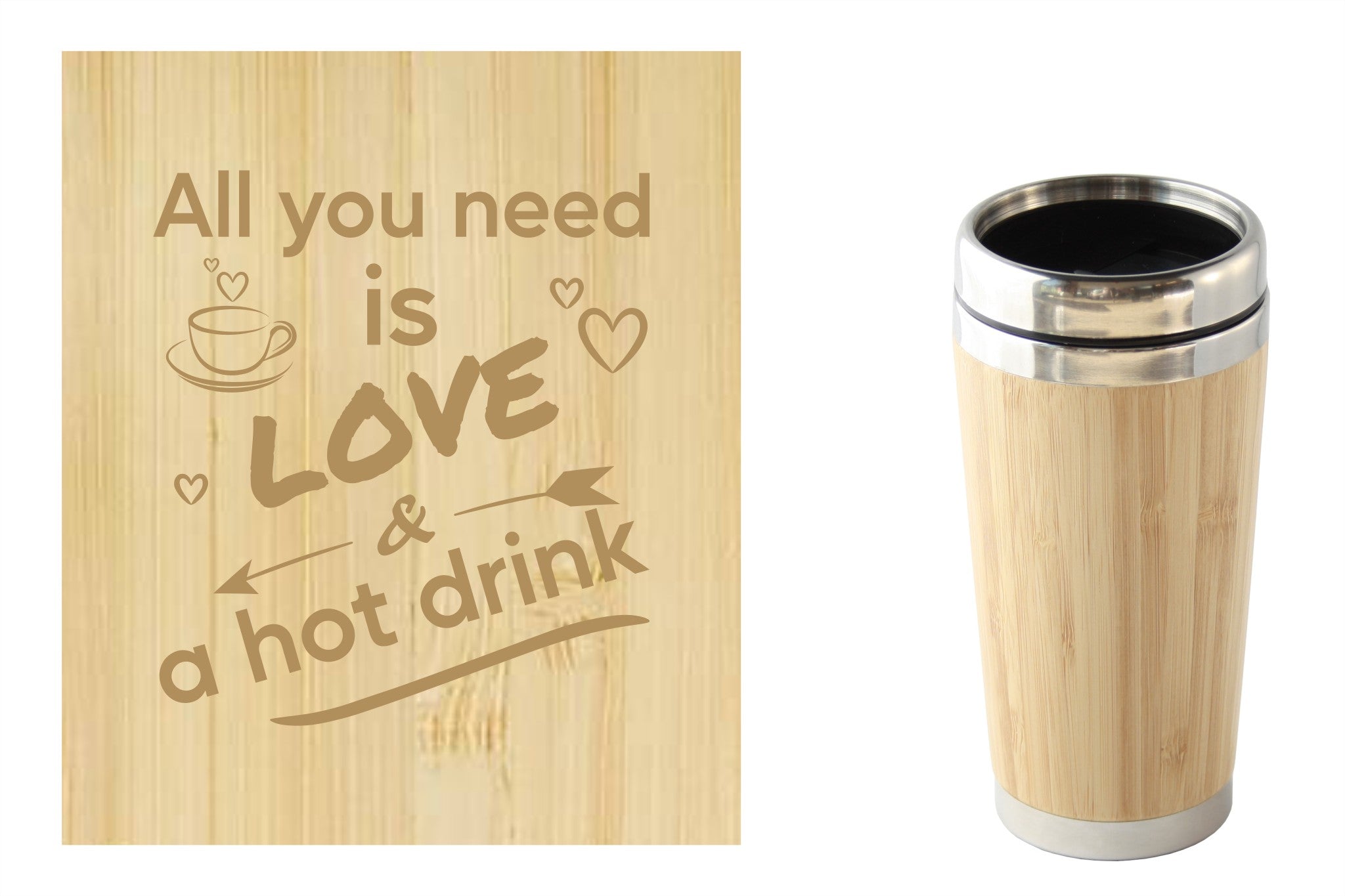 Bamboe reismok met 'All you need is love & a hot drink' tekst, perfect voor onderweg. Duurzaam en milieuvriendelijk.