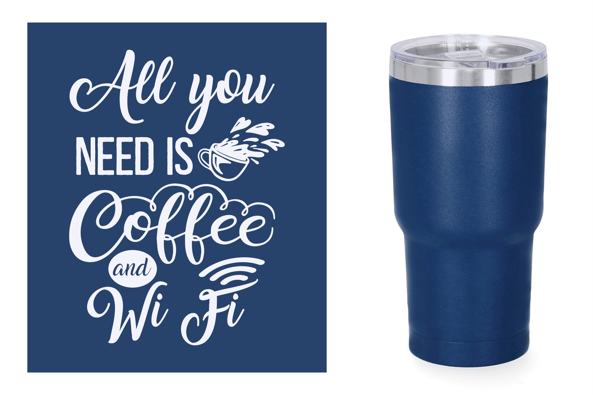 Blauwe metalen beker met standaard design gravure,  duurzame en stijlvolle drinkbeker, RVS thermos beker, mug thermosbeker. All you need is coffee and wifi