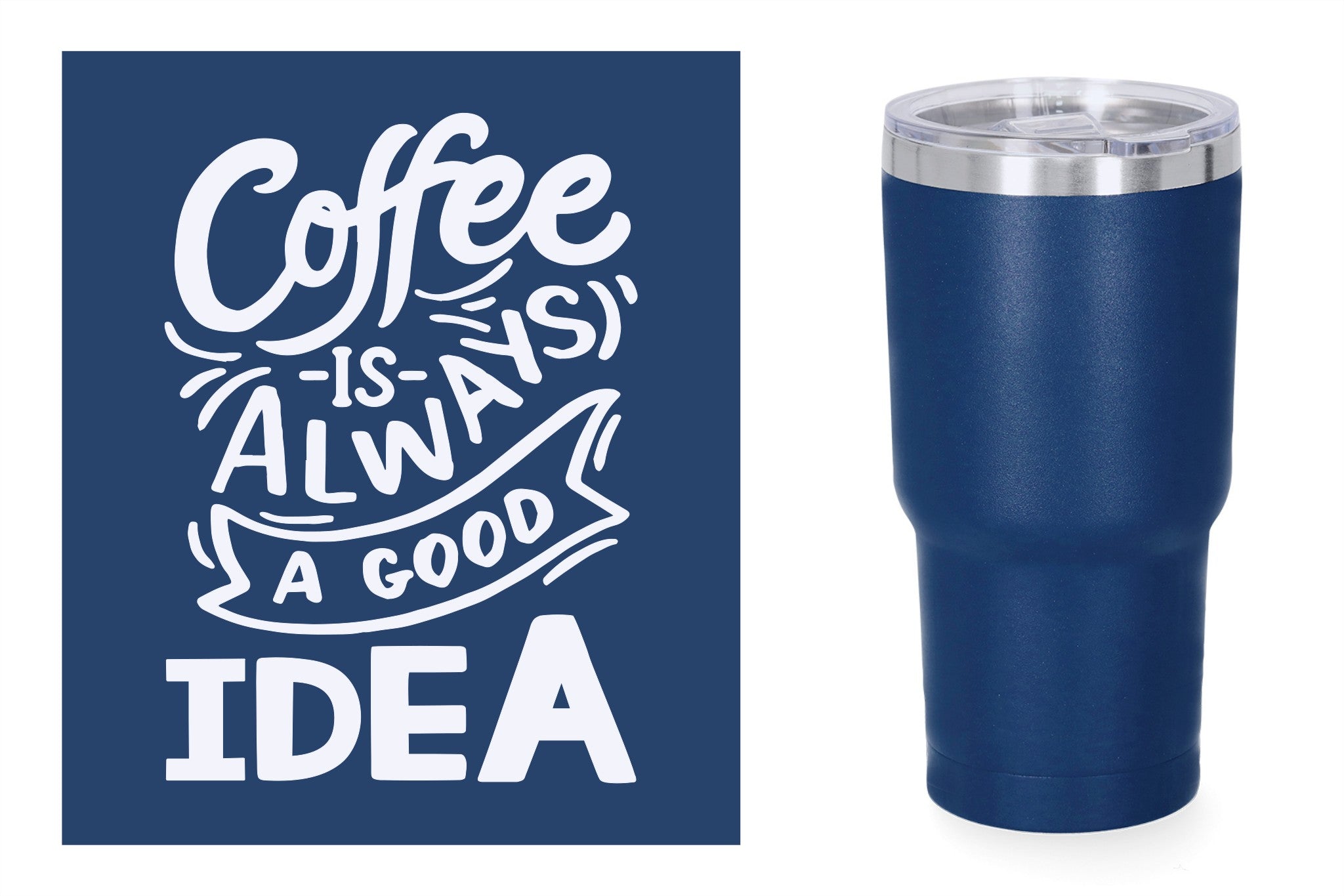 Blauwe metalen beker met standaard design gravure,  duurzame en stijlvolle drinkbeker, RVS thermos beker, mug thermosbeker. Coffee is always a good idea