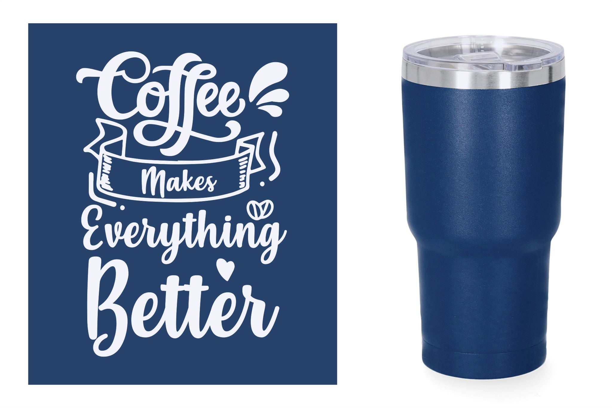 Blauwe metalen beker met standaard design gravure,  duurzame en stijlvolle drinkbeker, RVS thermos beker, mug thermosbeker. Coffee makes everything better