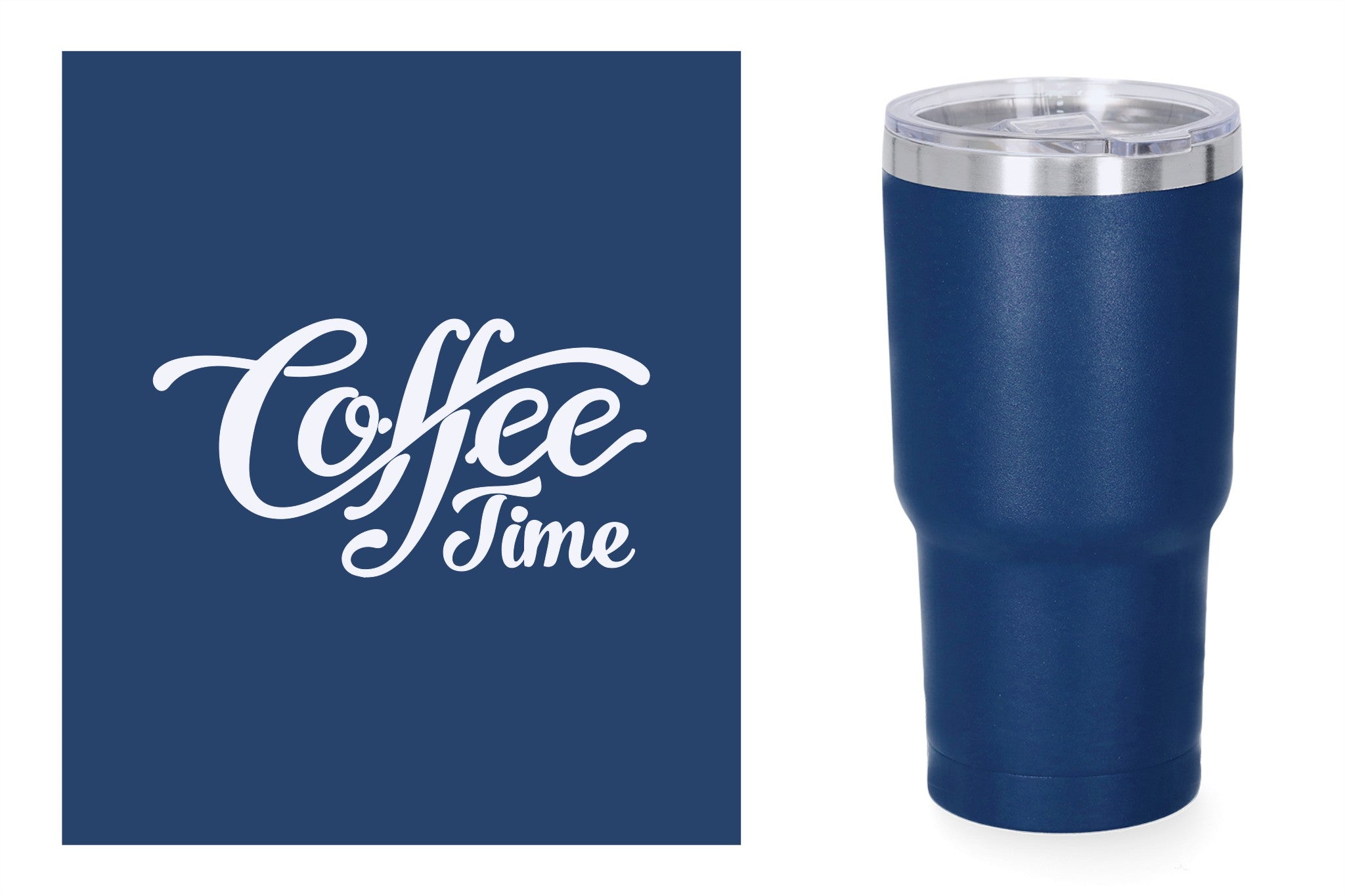 Blauwe metalen beker met standaard design gravure,  duurzame en stijlvolle drinkbeker, RVS thermos beker, mug thermosbeker. Coffee time