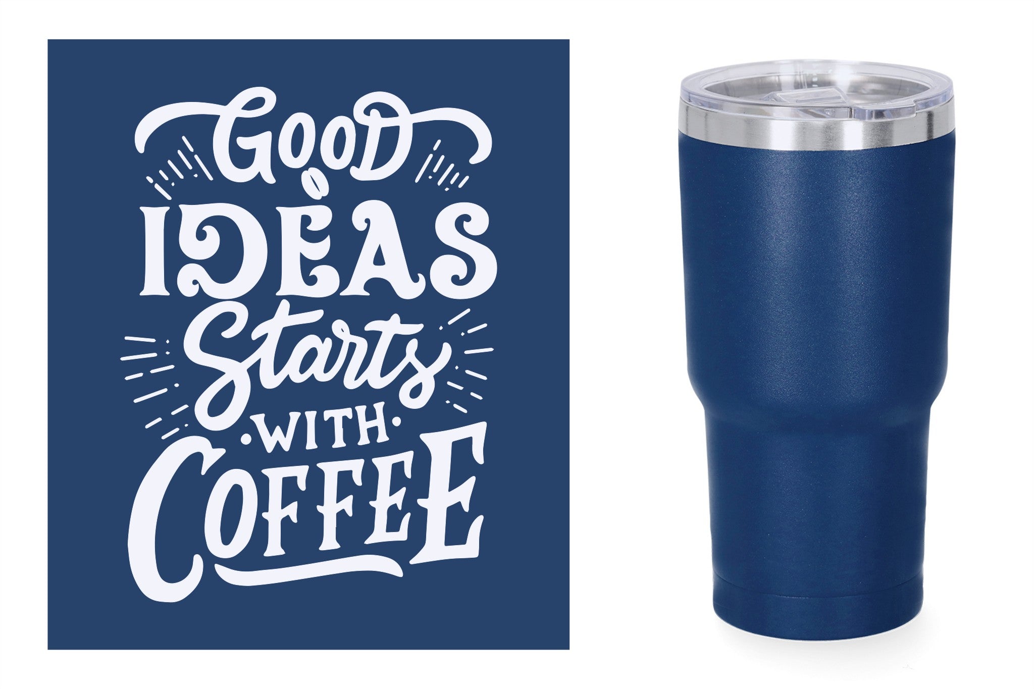 Blauwe metalen beker met standaard design gravure,  duurzame en stijlvolle drinkbeker, RVS thermos beker, mug thermosbeker. Good ideas starts with coffee