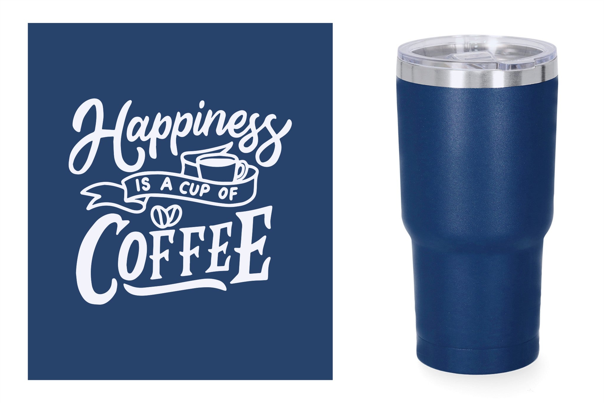 Blauwe metalen beker met standaard design gravure,  duurzame en stijlvolle drinkbeker, RVS thermos beker, mug thermosbeker. Happiness is a cup of coffee