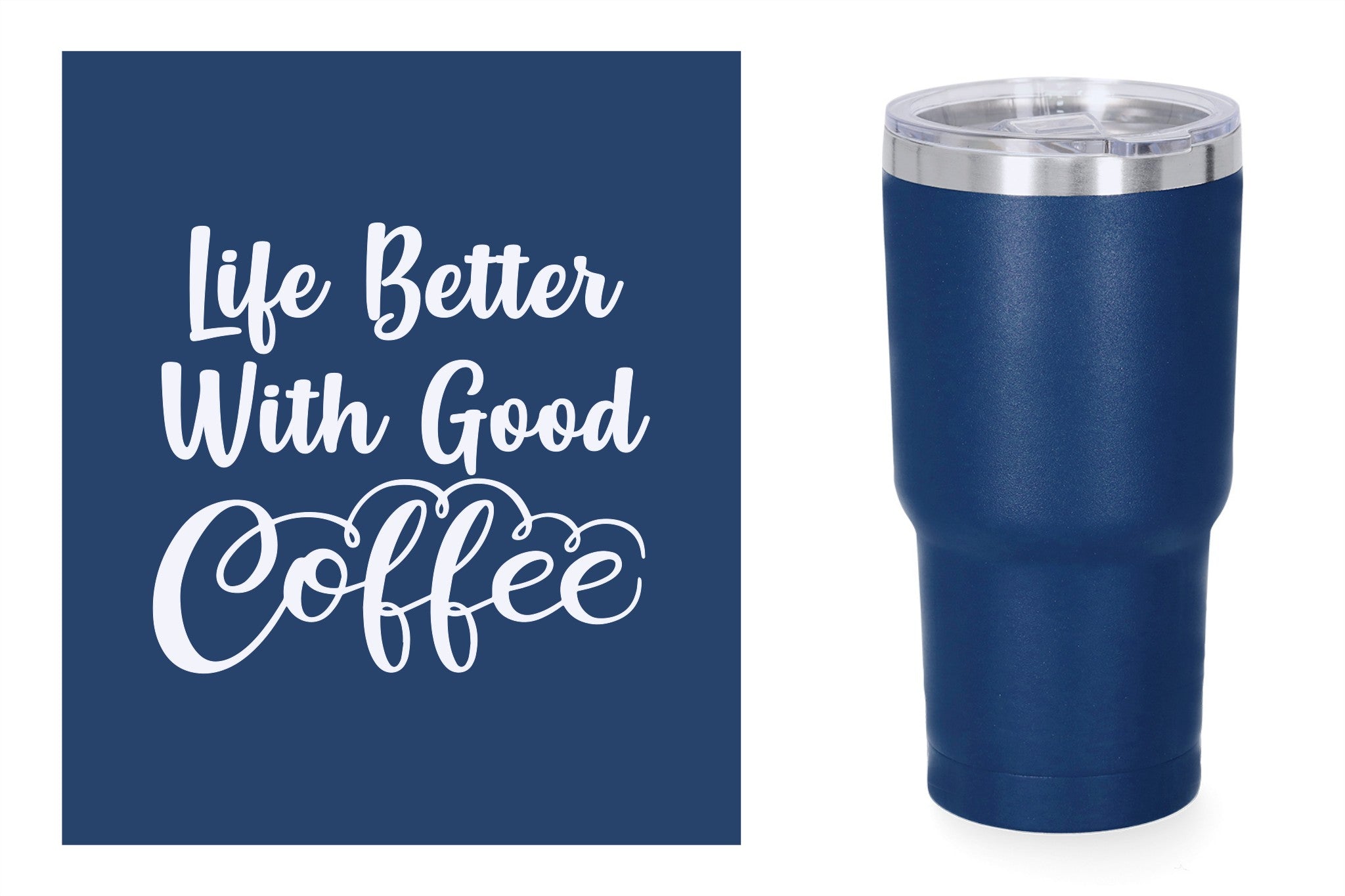 Blauwe metalen beker met standaard design gravure,  duurzame en stijlvolle drinkbeker, RVS thermos beker, mug thermosbeker. Life better with good coffee