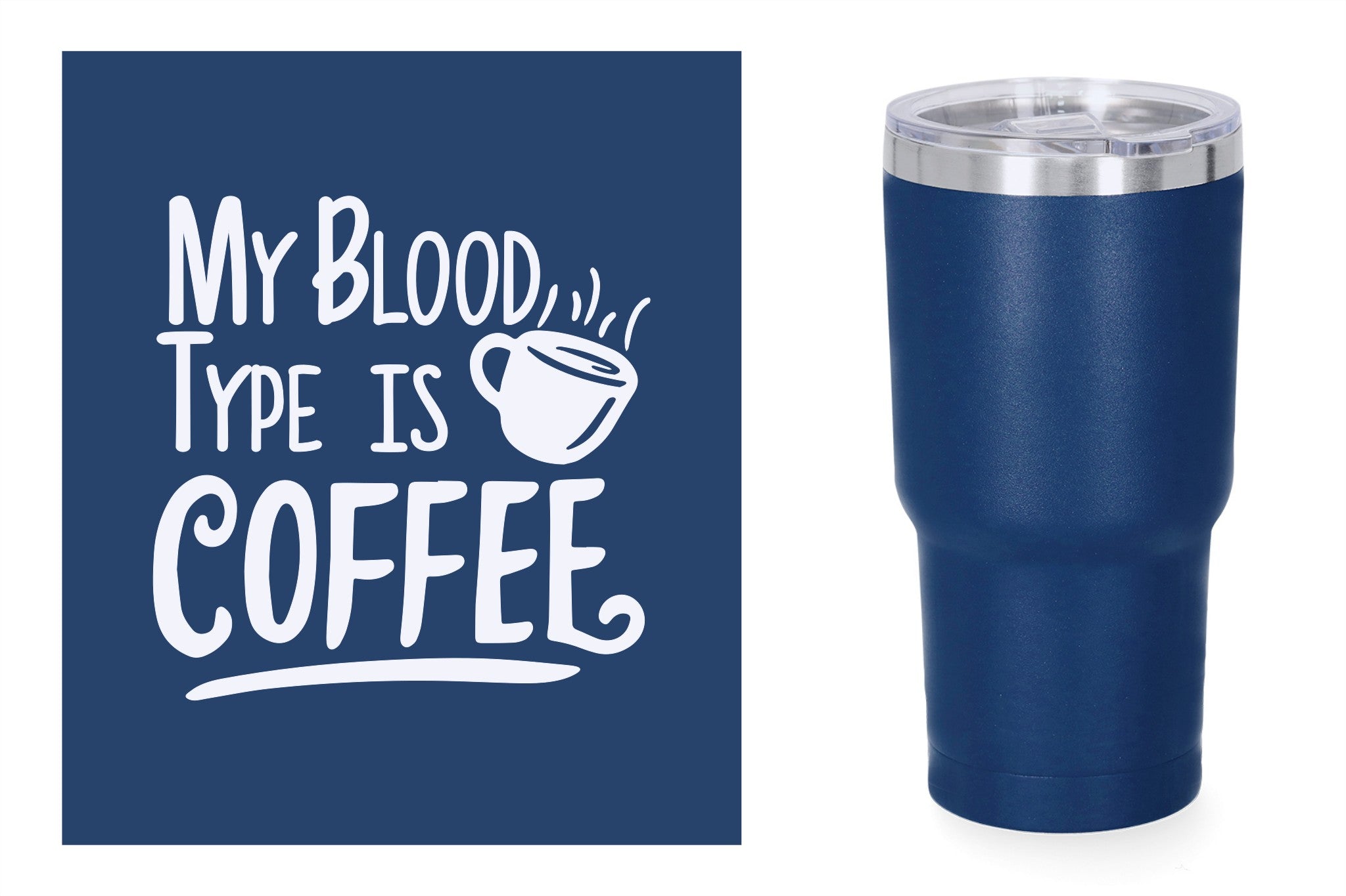 Blauwe metalen beker met standaard design gravure,  duurzame en stijlvolle drinkbeker, RVS thermos beker, mug thermosbeker. My blood type is coffee