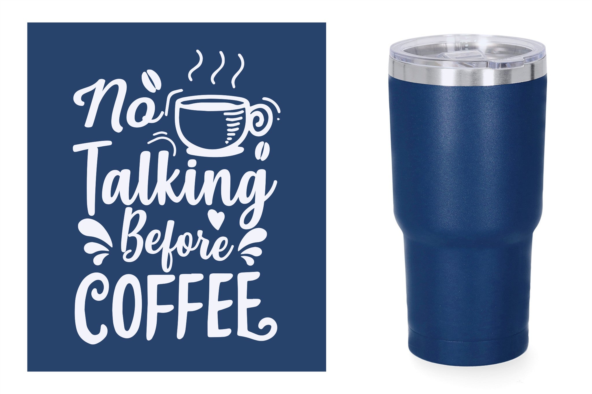 Blauwe metalen beker met standaard design gravure,  duurzame en stijlvolle drinkbeker, RVS thermos beker, mug thermosbeker. No talking before coffee