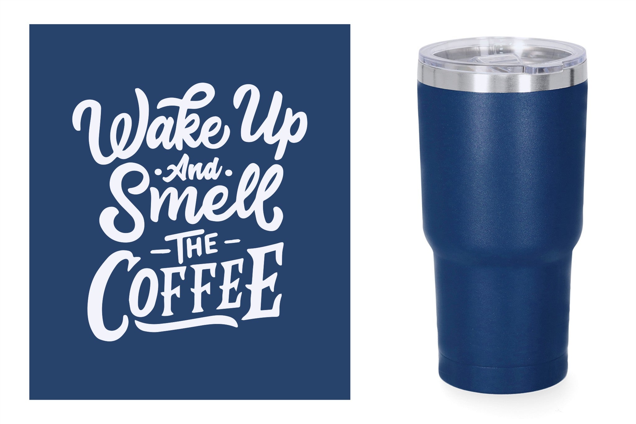 Blauwe metalen beker met standaard design gravure,  duurzame en stijlvolle drinkbeker, RVS thermos beker, mug thermosbeker. Wake up and smell the coffee