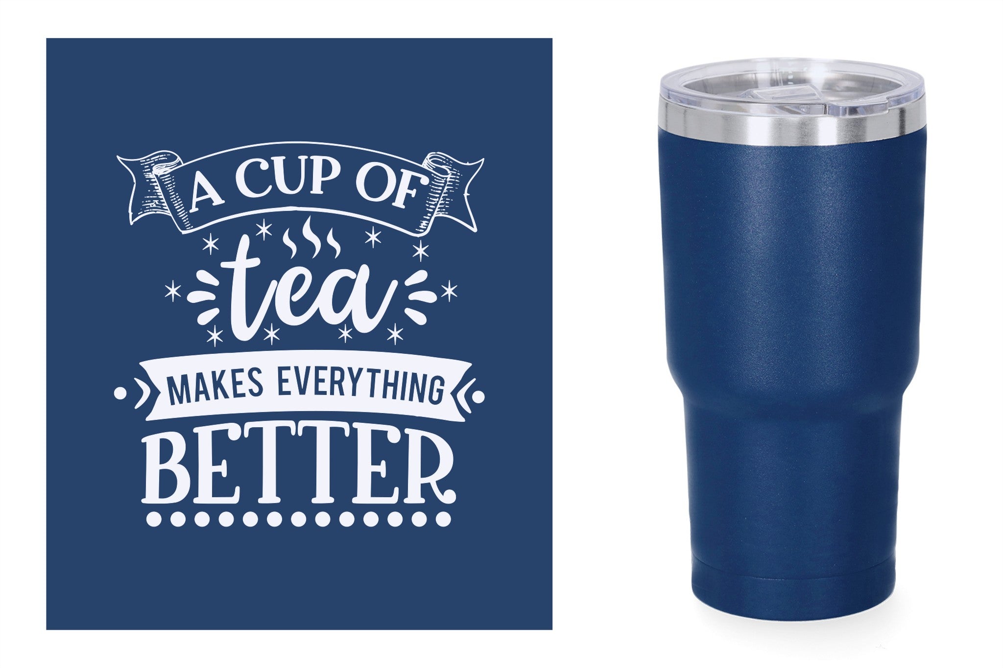 Blauwe metalen beker met standaard design gravure,  duurzame en stijlvolle drinkbeker, RVS thermos beker, mug thermosbeker. A cup of tea makes everything better