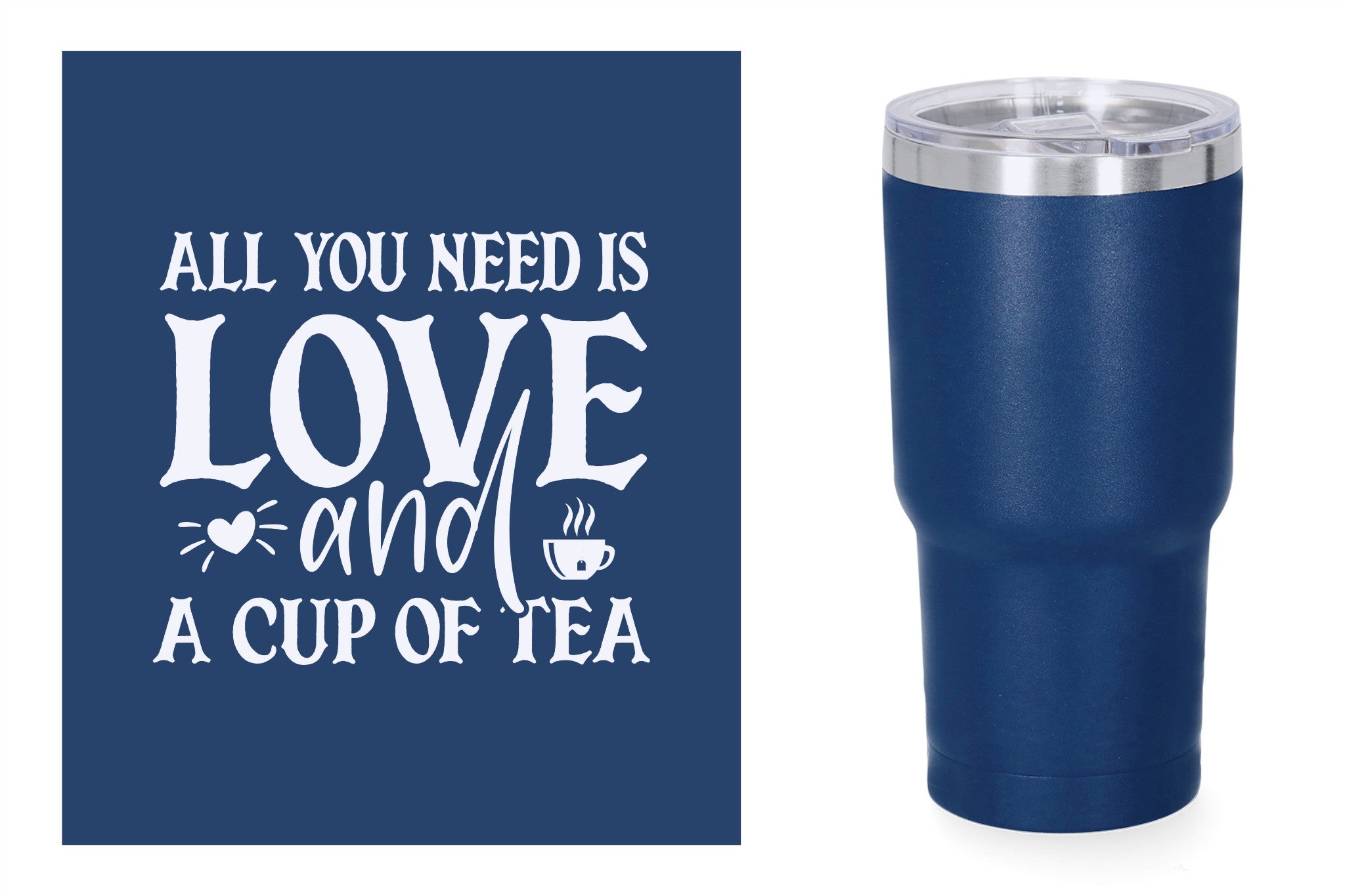 Blauwe metalen beker met standaard design gravure,  duurzame en stijlvolle drinkbeker, RVS thermos beker, mug thermosbeker. All you need is love and a cup of tea