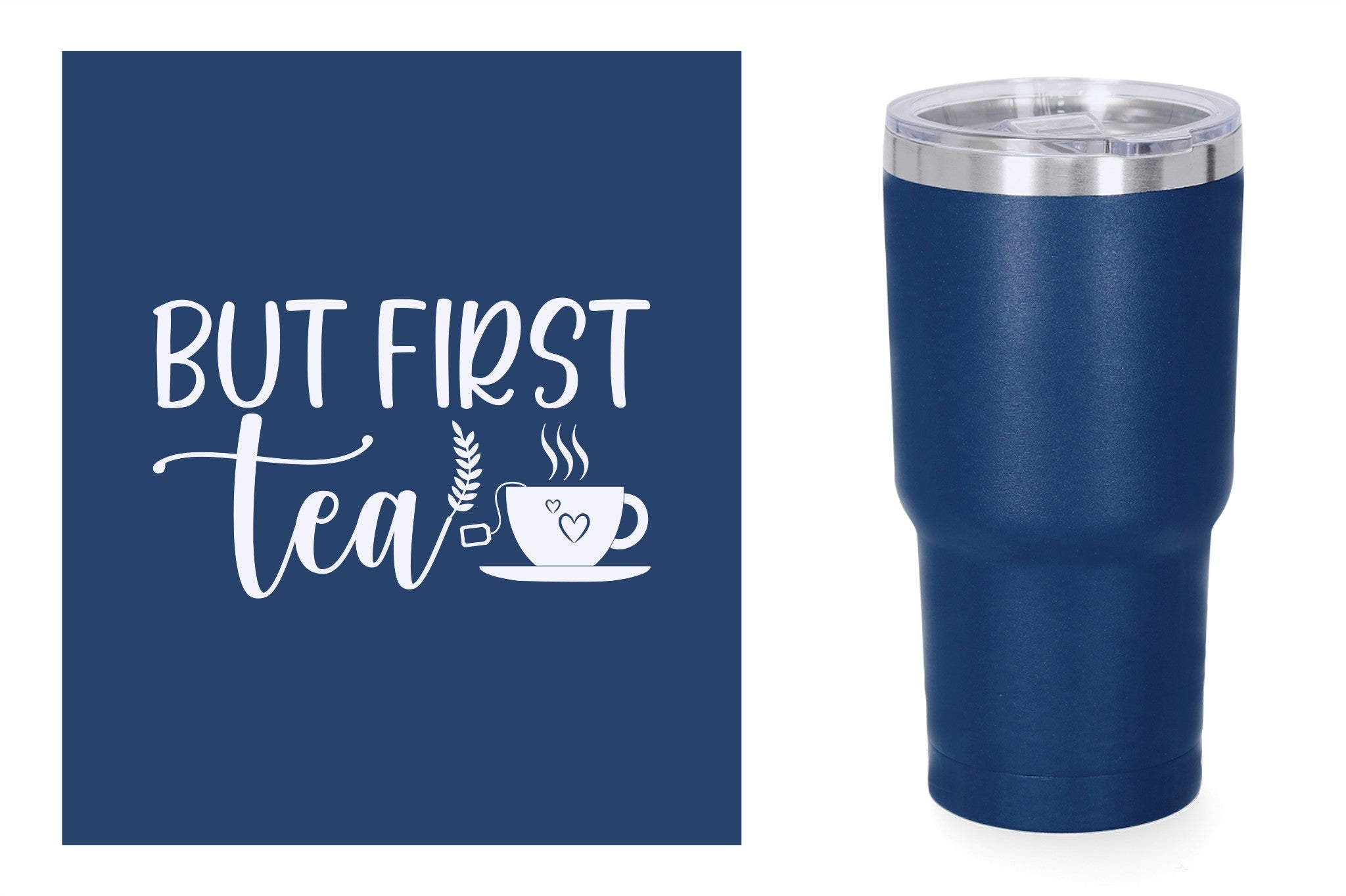 Blauwe metalen beker met standaard design gravure,  duurzame en stijlvolle drinkbeker, RVS thermos beker, mug thermosbeker. But first tea