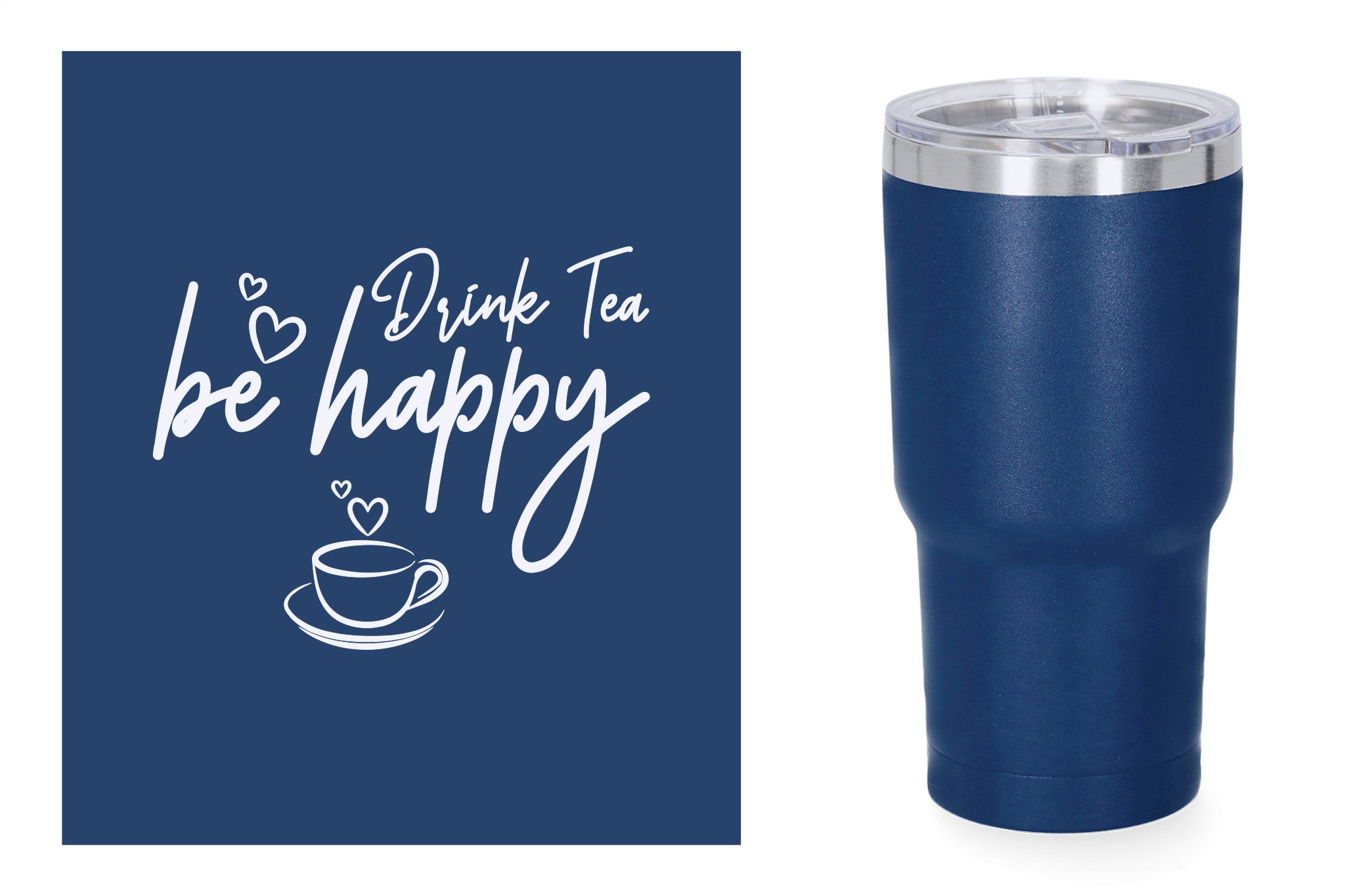 Blauwe metalen beker met standaard design gravure,  duurzame en stijlvolle drinkbeker, RVS thermos beker, mug thermosbeker. Drink tea be happy