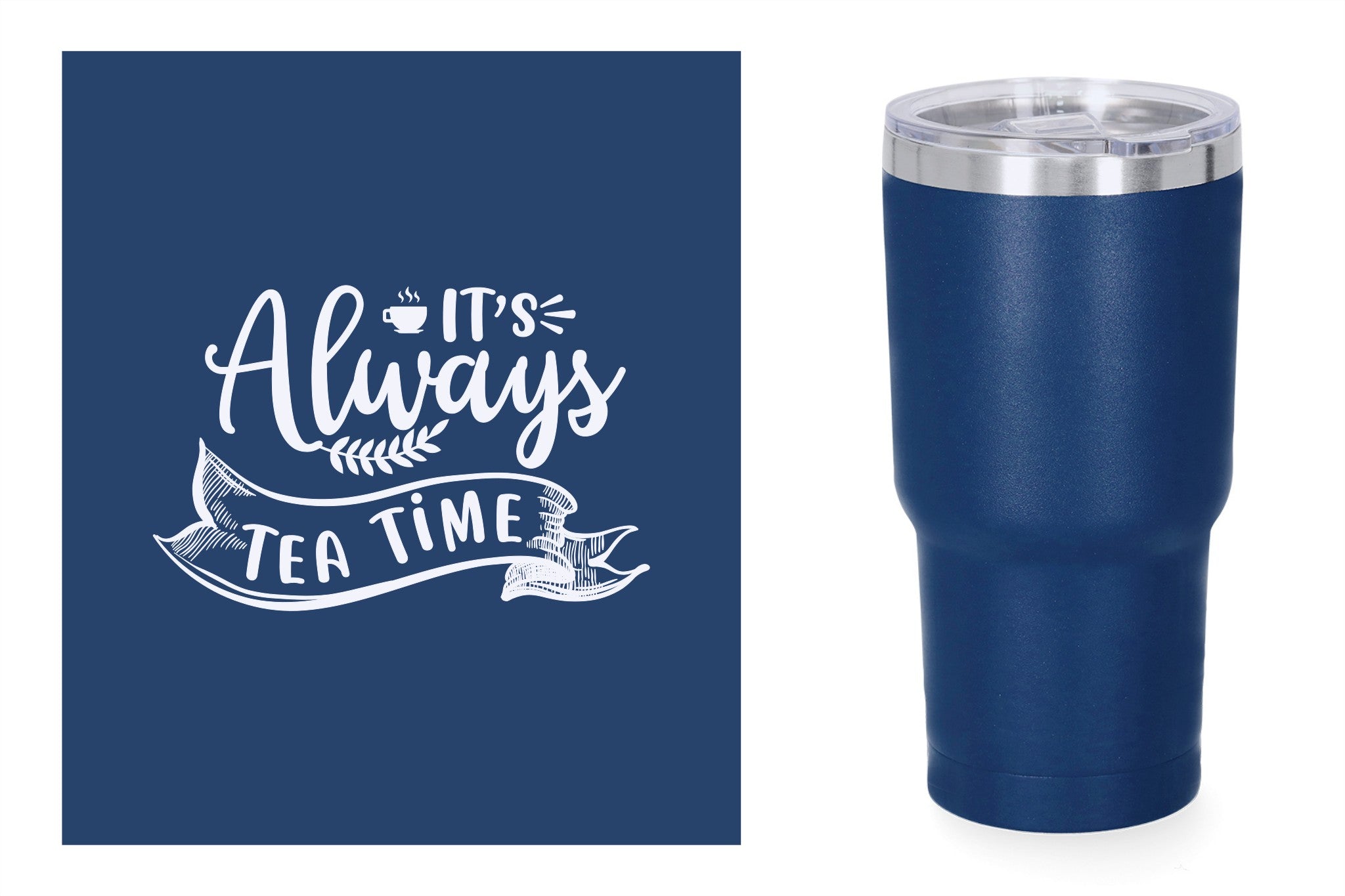 Blauwe metalen beker met standaard design gravure,  duurzame en stijlvolle drinkbeker, RVS thermos beker, mug thermosbeker. It's always tea time