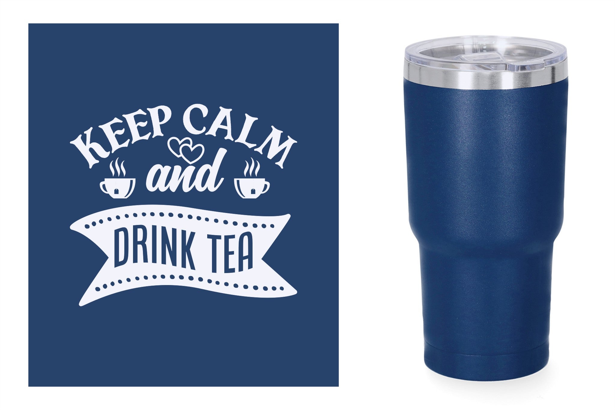 Blauwe metalen beker met standaard design gravure,  duurzame en stijlvolle drinkbeker, RVS thermos beker, mug thermosbeker. Keep calm and drink tea