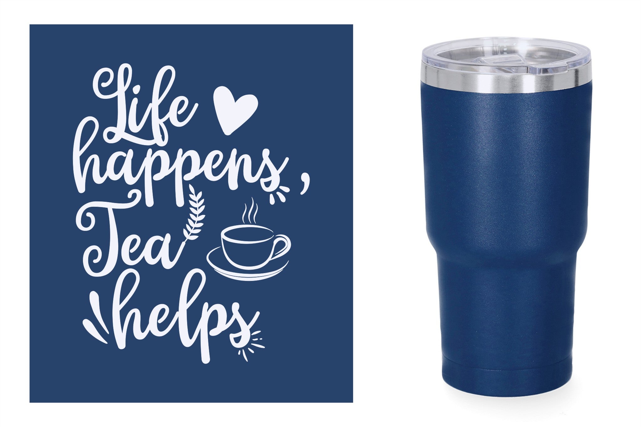 Blauwe metalen beker met standaard design gravure,  duurzame en stijlvolle drinkbeker, RVS thermos beker, mug thermosbeker. Life happens, tea helps