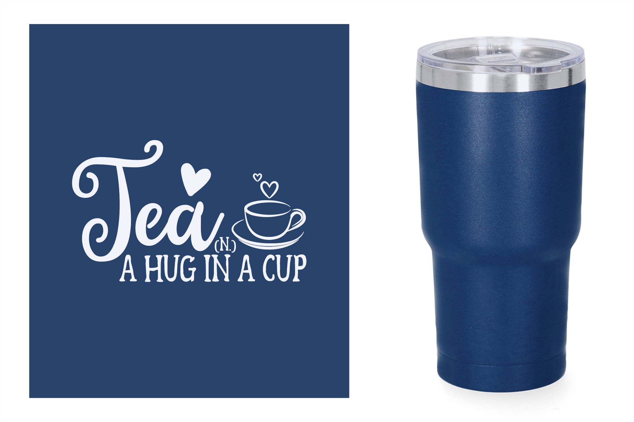 Blauwe metalen beker met standaard design gravure,  duurzame en stijlvolle drinkbeker, RVS thermos beker, mug thermosbeker. Tea a hug in a cup