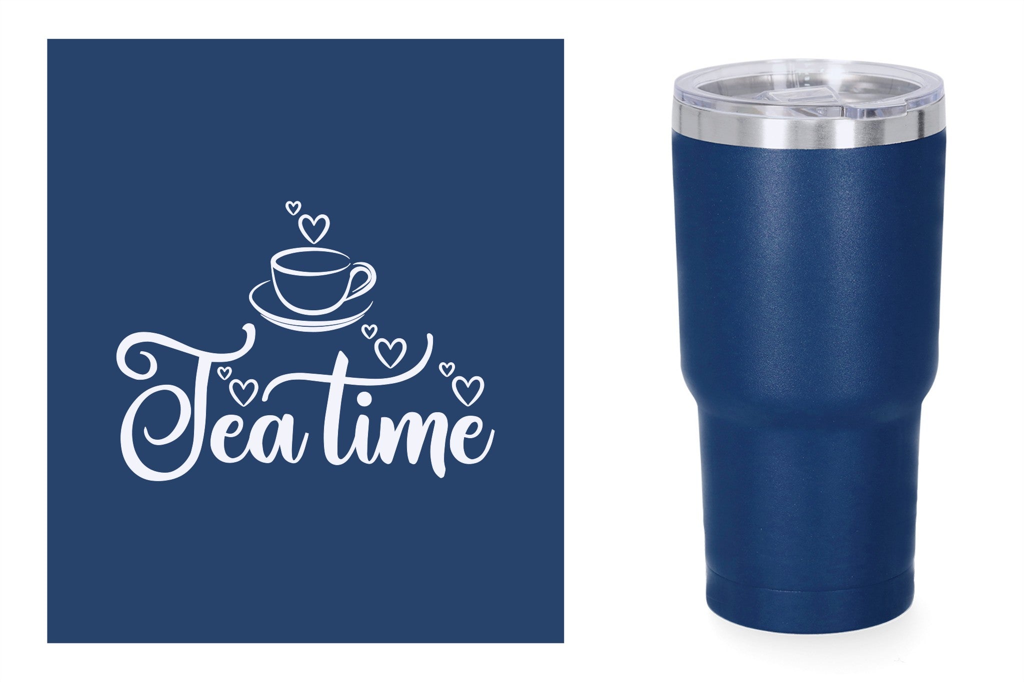 Blauwe metalen beker met standaard design gravure,  duurzame en stijlvolle drinkbeker, RVS thermos beker, mug thermosbeker. Tea time