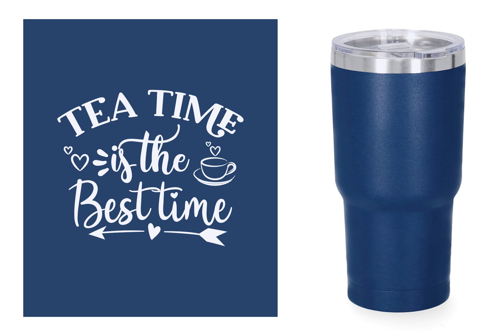 Blauwe metalen beker met standaard design gravure,  duurzame en stijlvolle drinkbeker, RVS thermos beker, mug thermosbeker. Tea time is the best time