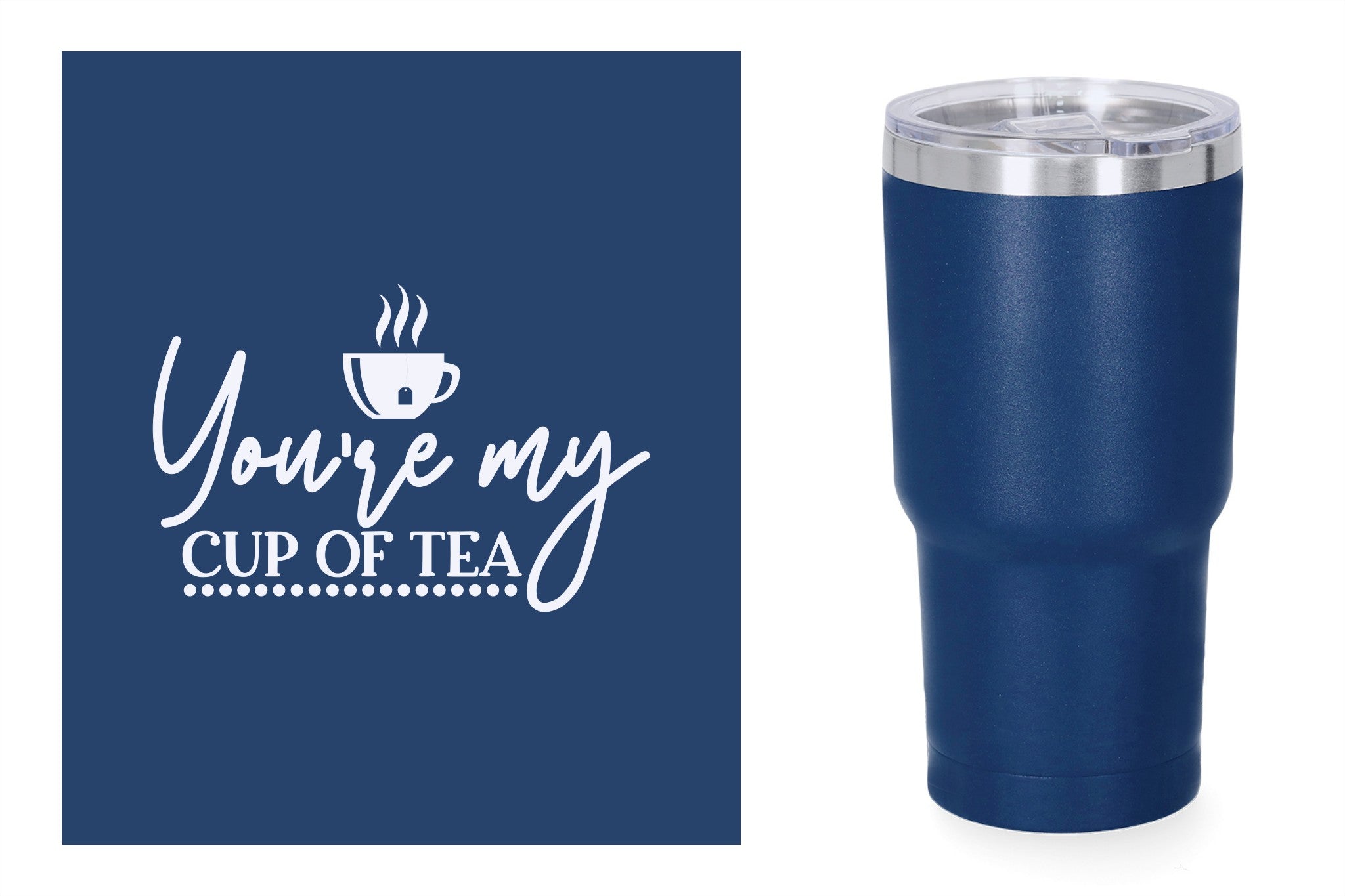 Blauwe metalen beker met standaard design gravure,  duurzame en stijlvolle drinkbeker, RVS thermos beker, mug thermosbeker. You're my cup of tea