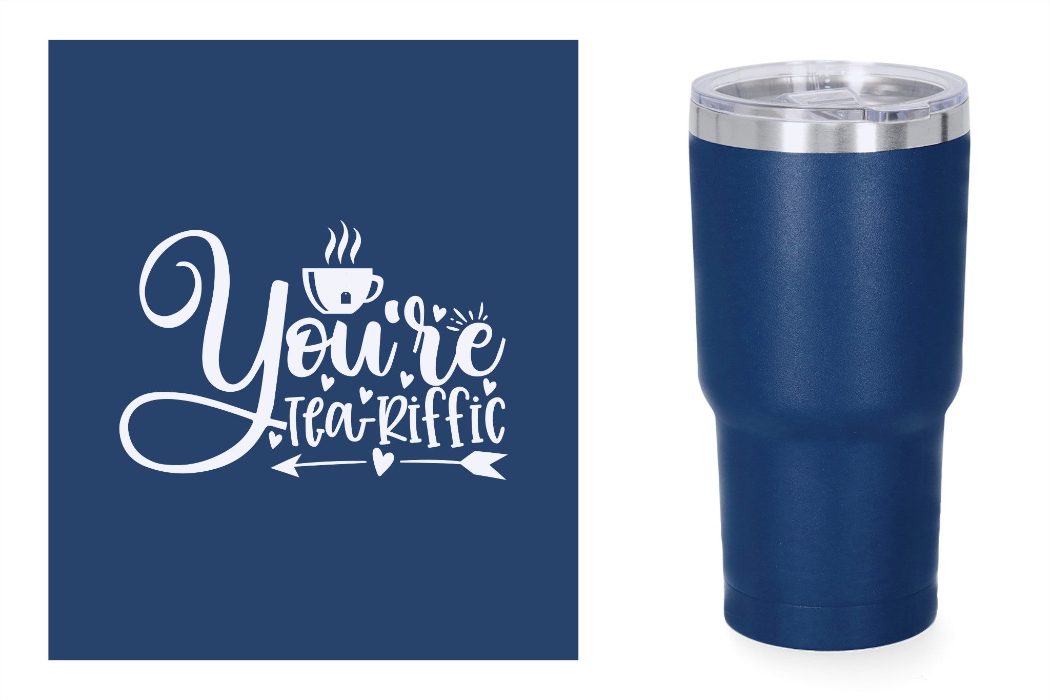 Blauwe metalen beker met standaard design gravure,  duurzame en stijlvolle drinkbeker, RVS thermos beker, mug thermosbeker. You're teariffic