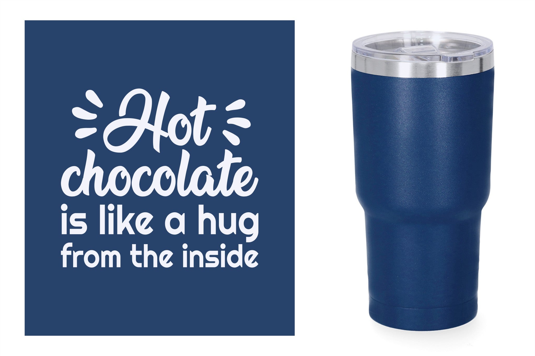 Blauwe metalen beker met standaard design gravure,  duurzame en stijlvolle drinkbeker, RVS thermos beker, mug thermosbeker. Hot chocolate is like a hug from the inside