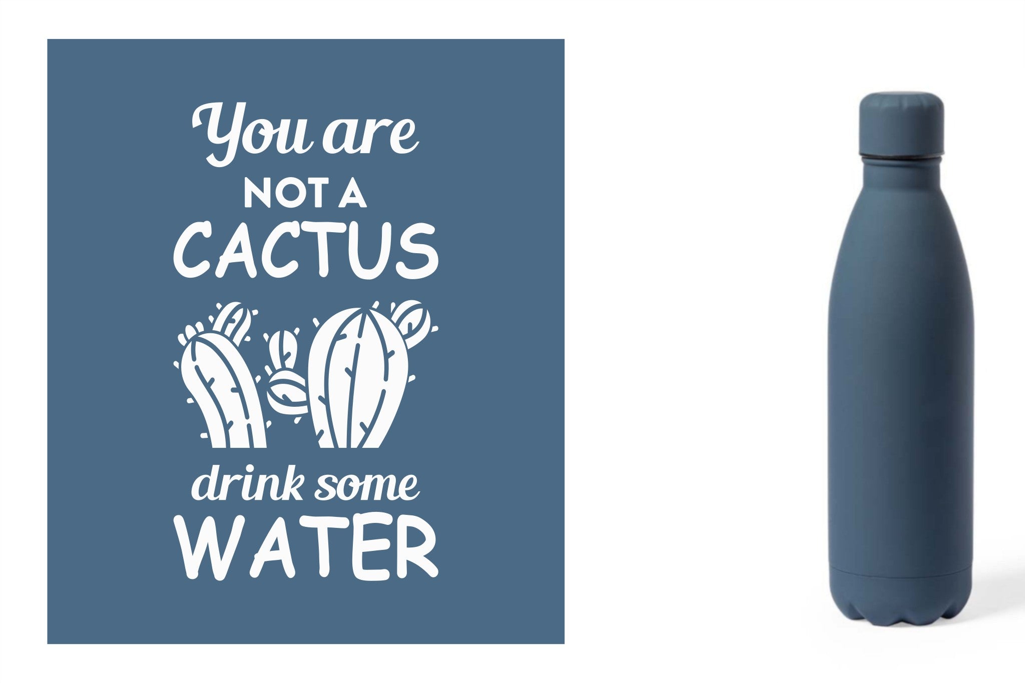 Metalen drinkfles, onbreekbare waterfles, aluminium drinkfles, hydratatiefles, fles van RVS, roesvrijstalen watercontainer met water quote 'You are not a cactus, drink some water' kleur blauw.