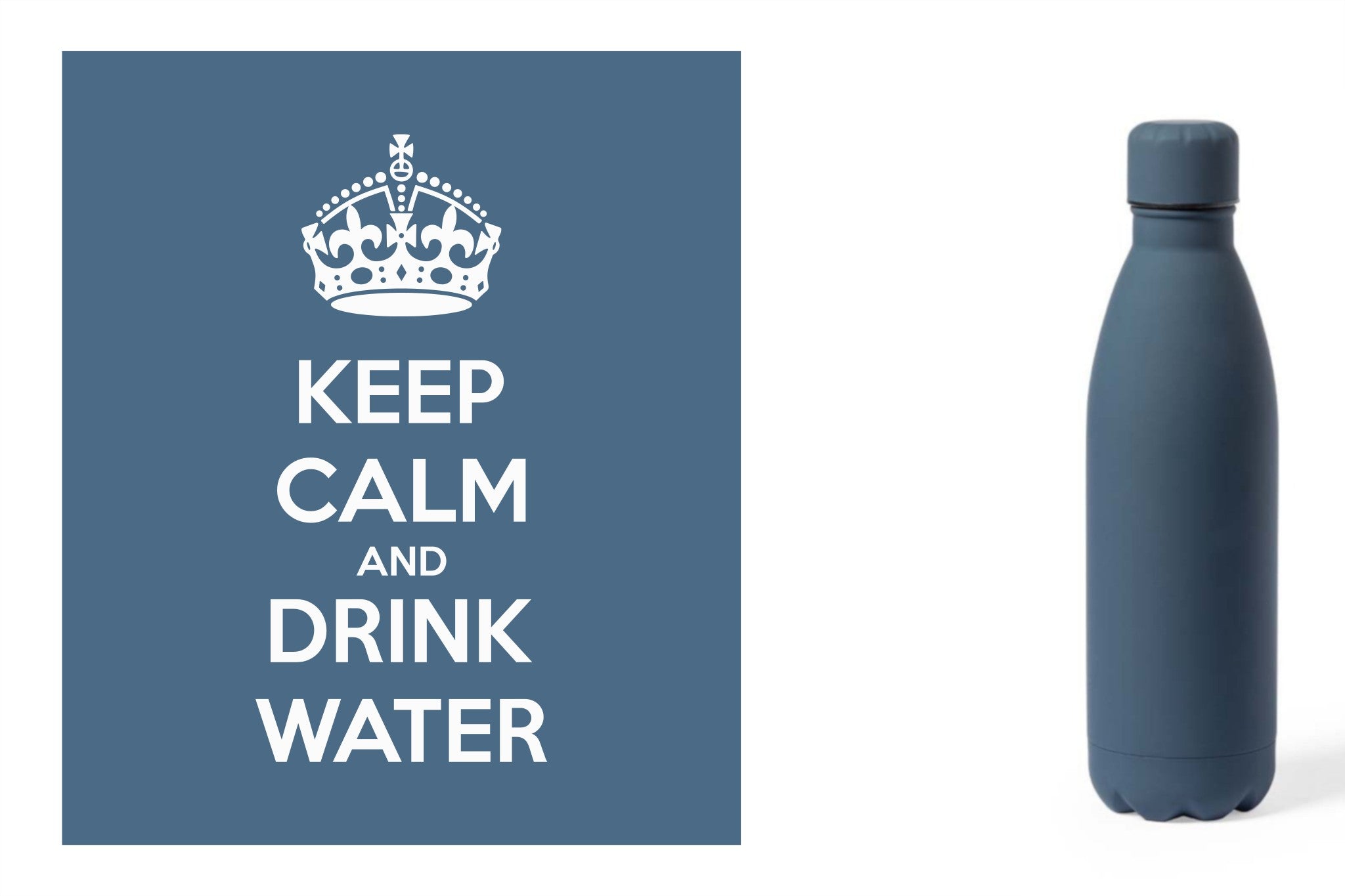 Metalen drinkfles, onbreekbare waterfles, aluminium drinkfles, hydratatiefles, fles van RVS, roesvrijstalen watercontainer met water quote 'Keep calm and drink water' kleur blauw.