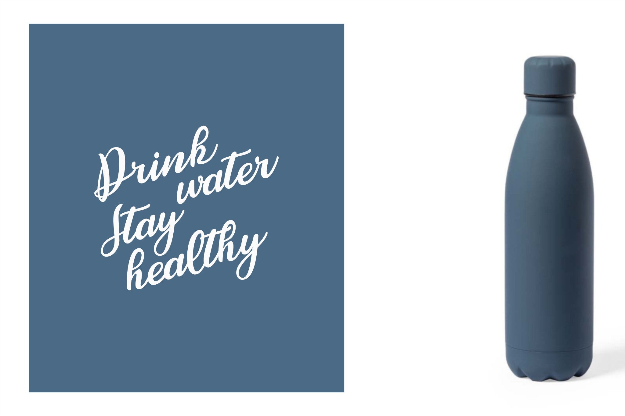 Metalen drinkfles, onbreekbare waterfles, aluminium drinkfles, hydratatiefles, fles van RVS, roesvrijstalen watercontainer met water quote 'Drink water, stay healthy' kleur blauw.