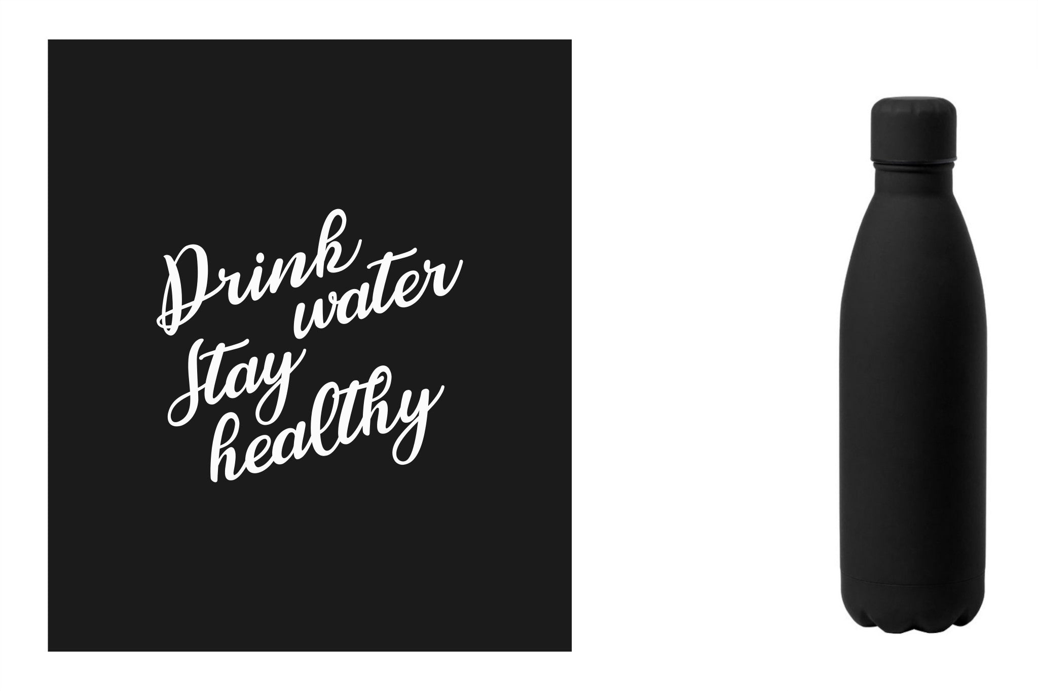 Metalen drinkfles, onbreekbare waterfles, aluminium drinkfles, hydratatiefles, fles van RVS, roesvrijstalen watercontainer met water quote 'Drink water, stay healthy' kleur zwart.
