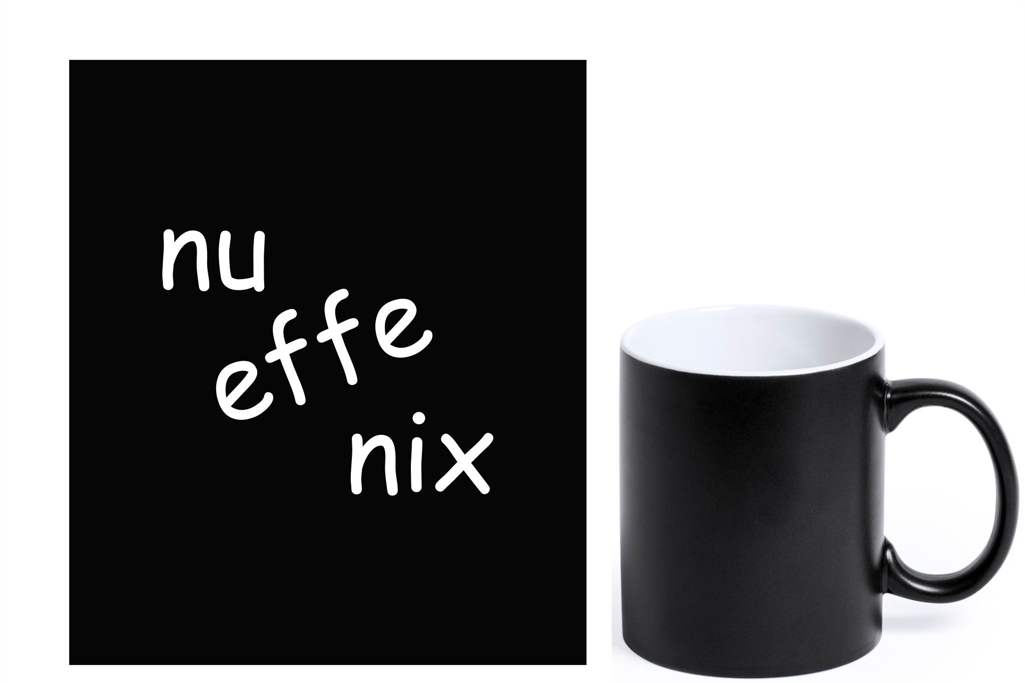 Bedanking voor juf of meester met een mok en gravure 'nu effe nix', zwarte mok met witte gravure.