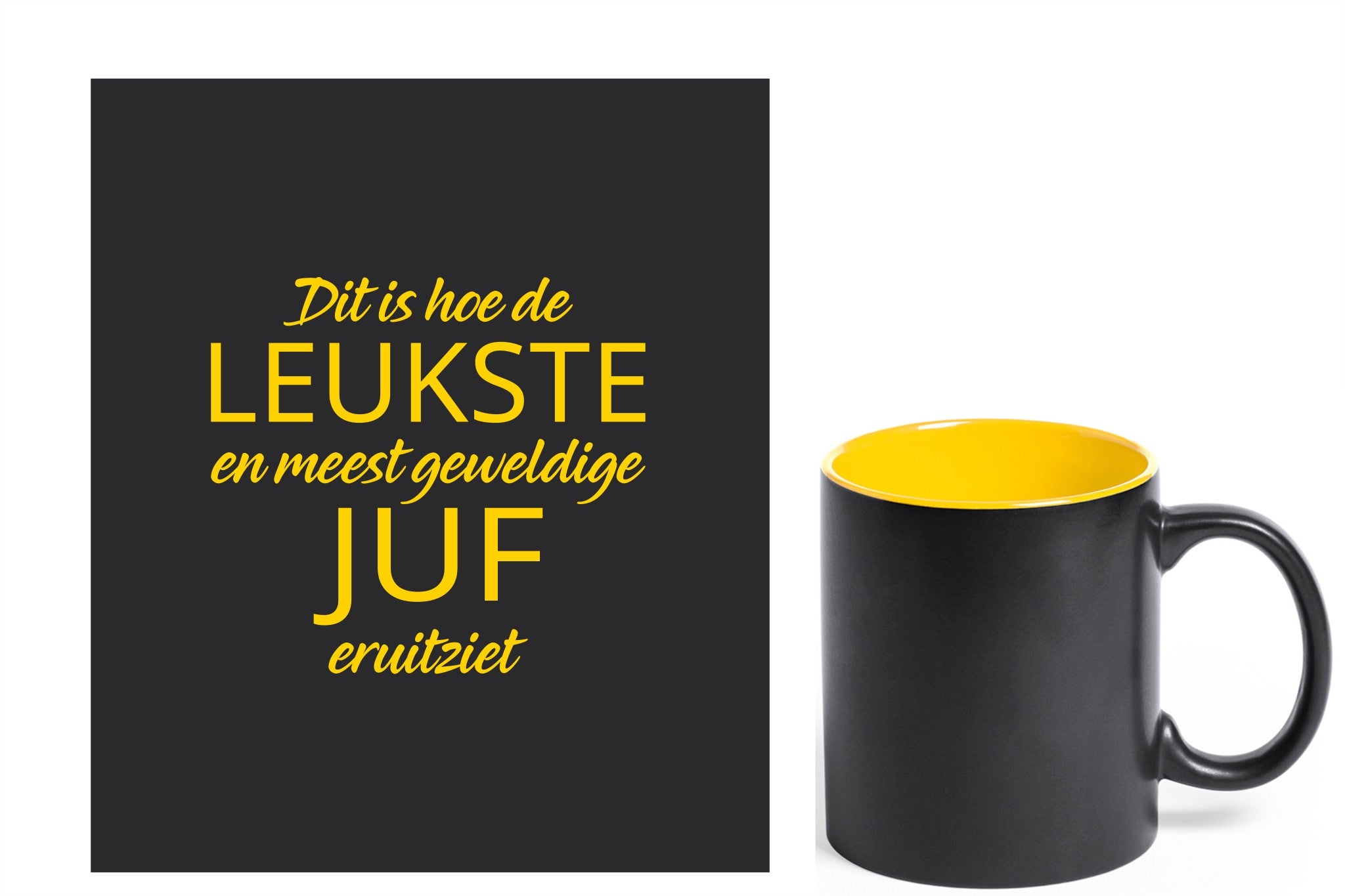 Bedanking voor juf of meester met een mok en gravure 'Dit is hoe de leukste en meest geweldige juf eruitziet', zwarte mok met gele gravure.