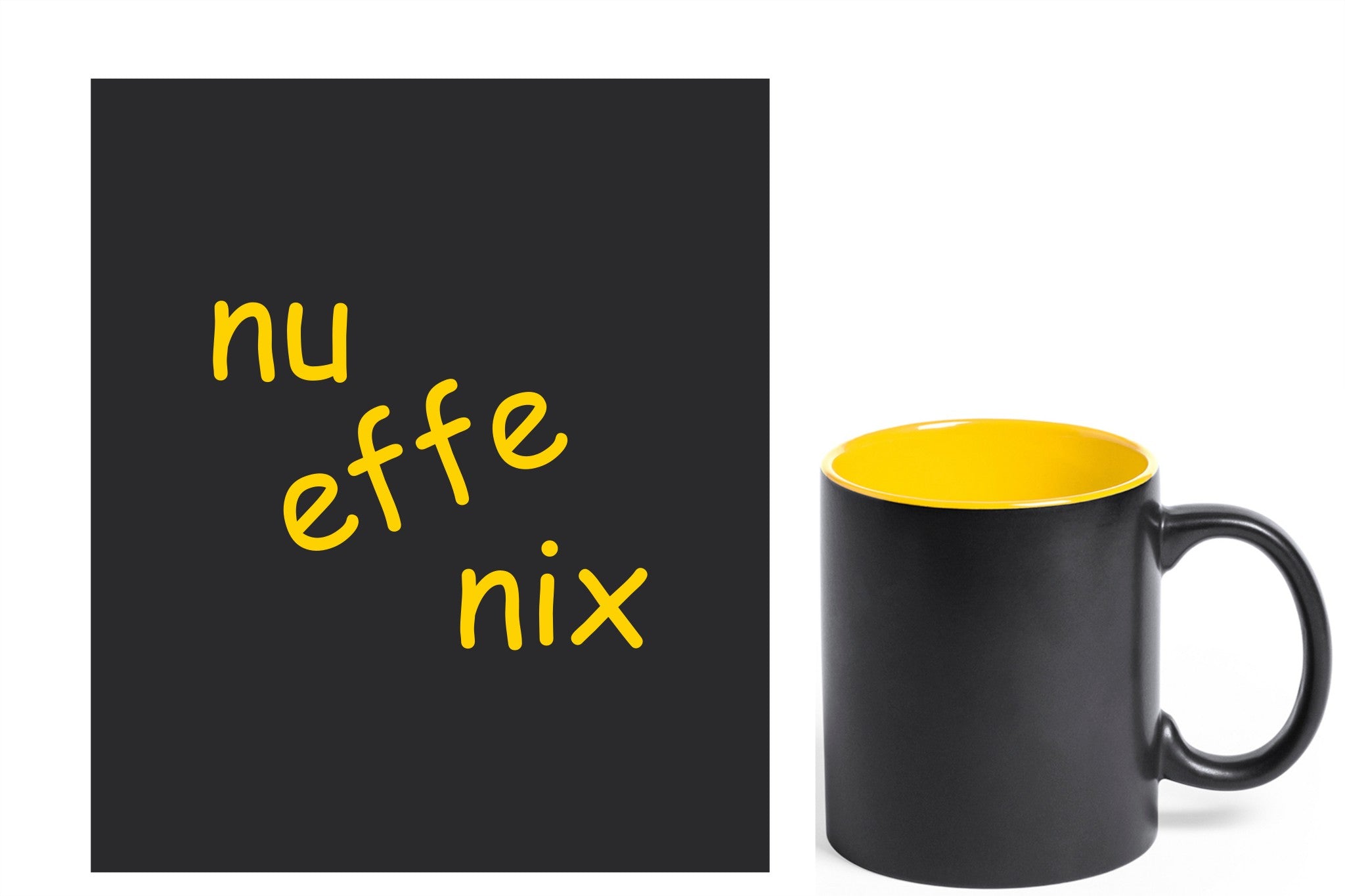 Bedanking voor juf of meester met een mok en gravure 'nu effe nix', zwarte mok met gele gravure.