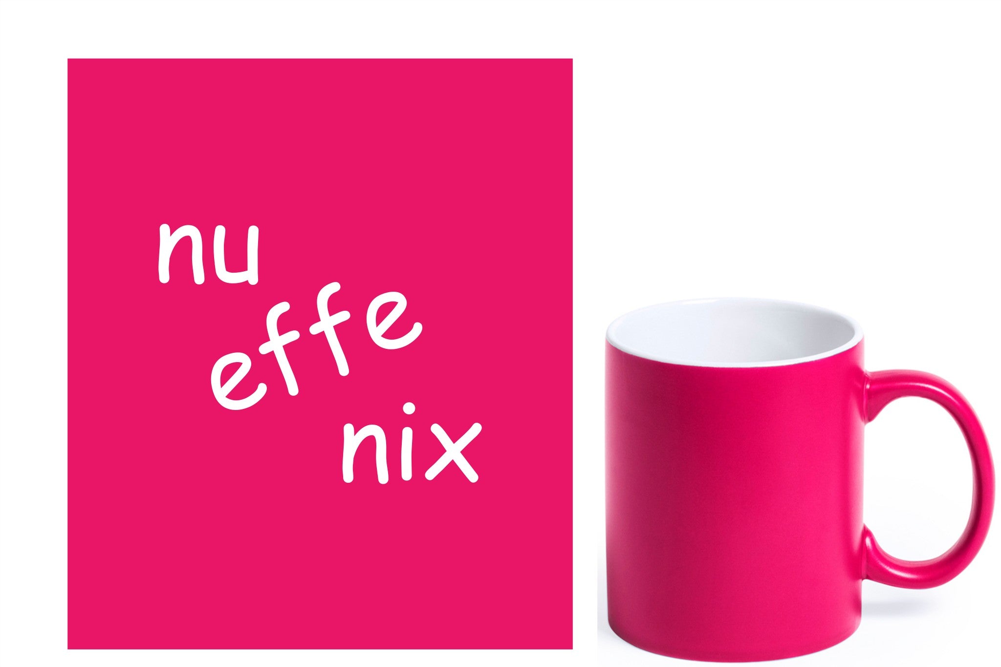 Bedanking voor juf of meester met een mok en gravure 'nu effe nix', fuchsia mok met witte gravure.
