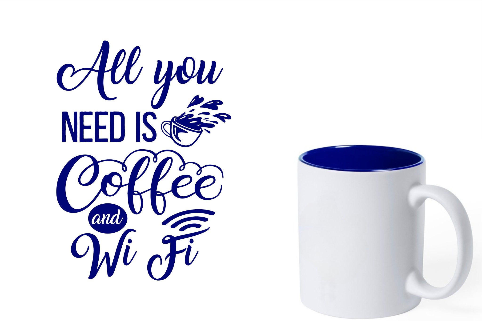 witte keramische mok met blauwe gravure  'All you need is coffee and wifi'.